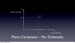 y
                                Eixo das ordenadas

                                                      A
                                                y1




                                                     x1        x
                                                          Eixo das abscissas


                                 Plano Cartesiano – Par Ordenado
domingo, 3 de fevereiro de 13                                                  3
 