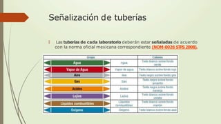 Señalización de tuberías
🠶 Las tuberías de cada laboratorio deberán estar señaladas de acuerdo
con la norma oficial mexicana correspondiente (NOM-0026 STPS2008).
 