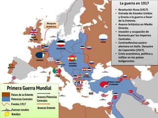 AUSTRIA-
HUNGRÍA
ITALIA
RUSIA
GRAN
BRETAÑA
FRANCIA
IMPERIO TURCO
OTOMANO
BULGARIA
PORTUGAL
ALEMANIA
GRECIA
Caporetto,
1917
Yprès,
1917
Cambrai,
1917
La guerra en 1917
• Revolución Rusa (1917)
• Entrada de Estados Unidos
y Grecia a la guerra a favor
de la Entente.
• Avance británico en Medio
Oriente.
• Invasión y ocupación de
Rumania por los Imperios
Centrales.
• Contraofensiva austro-
alemana en Italia. Desastre
de Caporetto (1917).
• Crisis económica, política y
militar en los países
beligerantes.
Primera Guerra Mundial
Países de la Entente
Potencias Centrales
Frentes 1917
Fuerzas navales
Batallas
Avances Potencias
Centrales
Avances Entente
Bloqueo
británico
 