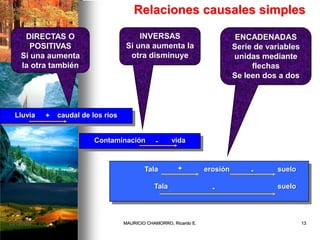 Relaciones causales simples
DIRECTAS O
POSITIVAS
Si una aumenta
la otra también
INVERSAS
Si una aumenta la
otra disminuye
ENCADENADAS
Serie de variables
unidas mediante
flechas
Se leen dos a dos
Lluvia caudal de los ríos+
Contaminación vida-
Tala erosión suelo
Tala suelo
+ -
-
02/12/2009 13MAURICIO CHAMORRO, Ricardo E.
 