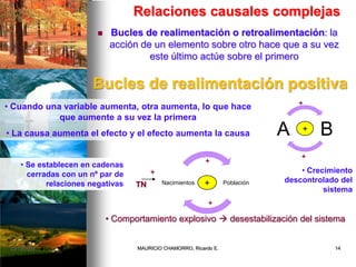Relaciones causales complejas
 Bucles de realimentación o retroalimentación: la
acción de un elemento sobre otro hace que a su vez
este último actúe sobre el primero
Bucles de realimentación positiva
BA
+
+
+
• Cuando una variable aumenta, otra aumenta, lo que hace
que aumente a su vez la primera
• La causa aumenta el efecto y el efecto aumenta la causa
• Se establecen en cadenas
cerradas con un nº par de
relaciones negativas PoblaciónNacimientos +
+
+
TN
+ • Crecimiento
descontrolado del
sistema
• Comportamiento explosivo  desestabilización del sistema
02/12/2009 14MAURICIO CHAMORRO, Ricardo E.
 