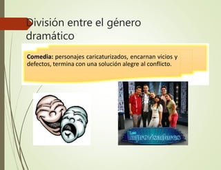 División entre el género
dramático
Comedia: personajes caricaturizados, encarnan vicios y
defectos, termina con una solución alegre al conflicto.
 