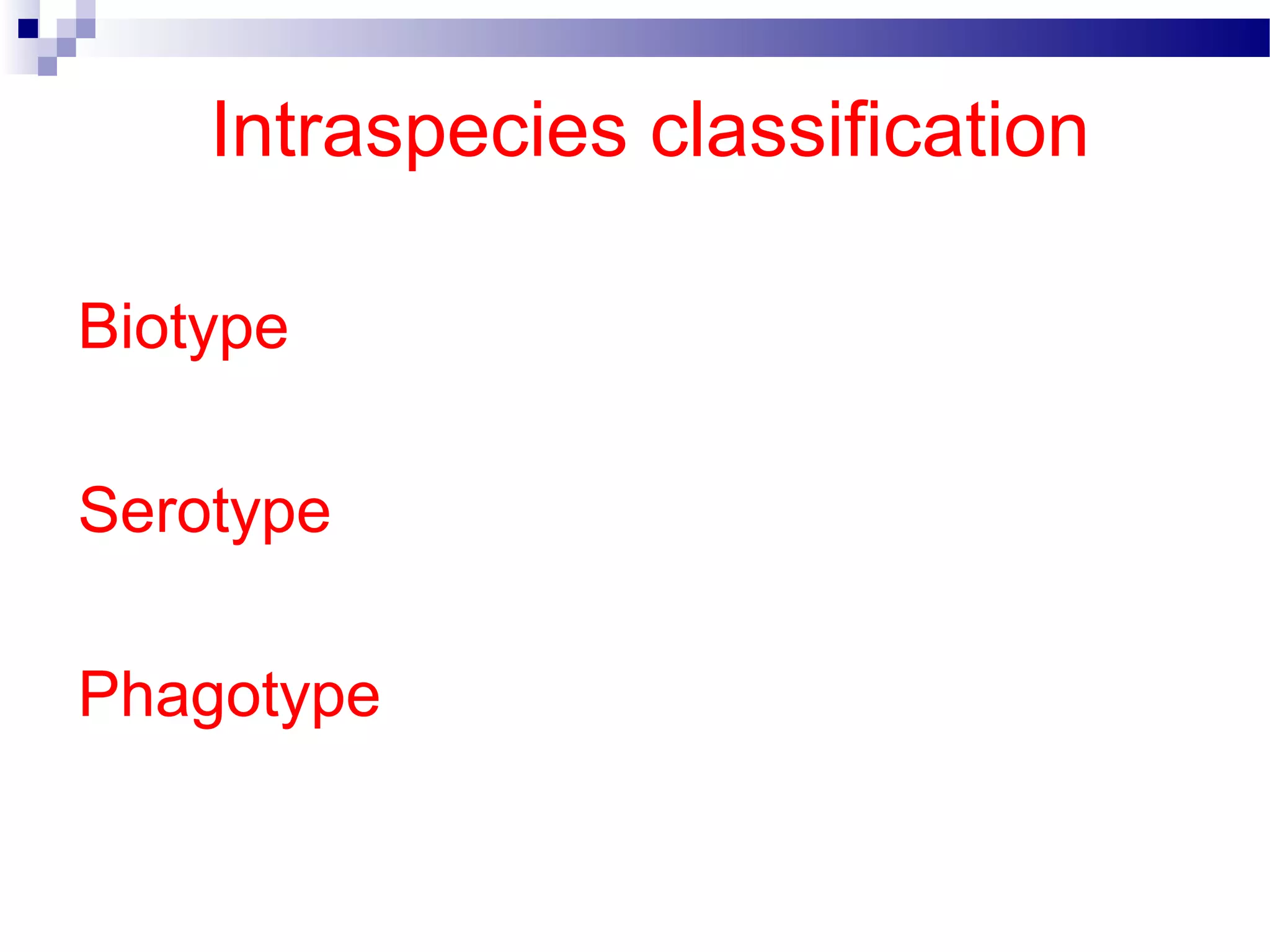 Intraspecies classification
Biotype
Serotype
Phagotype
 