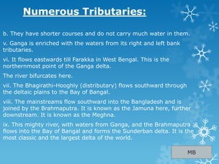 Numerous Tributaries:
b. They have shorter courses and do not carry much water in them.
v. Ganga is enriched with the waters from its right and left bank
tributaries.
vi. It flows eastwards till Farakka in West Bengal. This is the
northernmost point of the Ganga delta.
The river bifurcates here.
vii. The Bhagirathi-Hooghly (distributary) flows southward through
the deltaic plains to the Bay of Bangal.
viii. The mainstreams flow southward into the Bangladesh and is
joined by the Brahmaputra. It is known as the Jamuna here, further
downstream. It is known as the Meghna.
ix. This mighty river, with waters from Ganga, and the Brahmaputra
flows into the Bay of Bangal and forms the Sunderban delta. It is the
most classic and the largest delta of the world.
MB
 