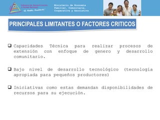 PRINCIPALES LIMITANTES O FACTORES CRITICOS

 Capacidades Técnica para realizar procesos de
extensión con enfoque de genero y desarrollo
comunitario.
 Bajo nivel de desarrollo tecnológico
apropiada para pequeños productores)

(tecnología

 Iniciativas como estas demandan disponibilidades de
recursos para su ejecución.

 