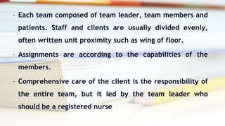 – Each team composed of team leader, team members and
patients. Staff and clients are usually divided evenly,
often written unit proximity such as wing of floor.
– Assignments are according to the capabilities of the
members.
– Comprehensive care of the client is the responsibility of
the entire team, but it led by the team leader who
should be a registered nurse
 