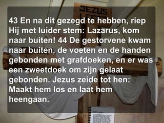 43 En na dit gezegd te hebben, riep Hij met luider stem: Lazarus, kom naar buiten! 44 De gestorvene kwam naar buiten, de voeten en de handen gebonden met grafdoeken, en er was een zweetdoek om zijn gelaat gebonden. Jezus zeide tot hen: Maakt hem los en laat hem heengaan.
