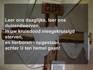 Leer ons daaglijks, leer ons duizendwerven,in uw kruisdood meegekruisigd sterven,en herboren - opgestaan,achter U ten hemel gaan!