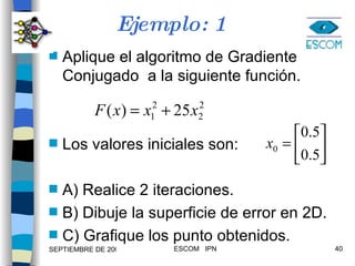 Ejemplo: 1 Aplique el algoritmo de Gradiente Conjugado  a la siguiente función. Los valores iniciales son: A) Realice 2 iteraciones. B) Dibuje la superficie de error en 2D. C) Grafique los punto obtenidos. 