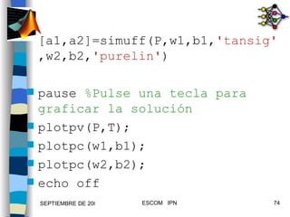 [a1,a2]=simuff(P,w1,b1, 'tansig' ,w2,b2, 'purelin' ) pause  %Pulse una tecla para graficar la solución plotpv(P,T); plotpc(w1,b1); plotpc(w2,b2); echo off 