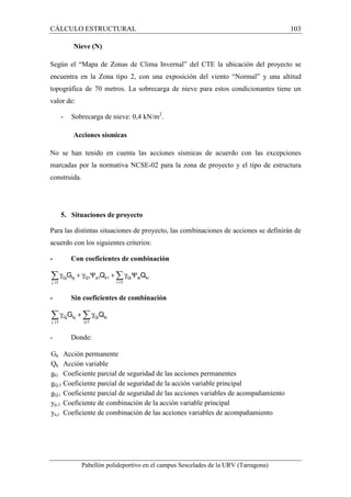 CÁLCULO ESTRUCTURAL 103 
Nieve (N) 
Según el “Mapa de Zonas de Clima Invernal” del CTE la ubicación del proyecto se 
encuentra en la Zona tipo 2, con una exposición del viento “Normal” y una altitud 
topográfica de 70 metros. La sobrecarga de nieve para estos condicionantes tiene un 
valor de: 
- Sobrecarga de nieve: 0,4 kN/m2. 
Acciones sísmicas 
No se han tenido en cuenta las acciones sísmicas de acuerdo con las excepciones 
marcadas por la normativa NCSE-02 para la zona de proyecto y el tipo de estructura 
construida. 
5. Situaciones de proyecto 
Para las distintas situaciones de proyecto, las combinaciones de acciones se definirán de 
acuerdo con los siguientes criterios: 
- Con coeficientes de combinación 
Σg + g Y +Σg Y Gj kj Q1 p1 k1 Qi ai ki 
j 1 i 1 
- Sin coeficientes de combinación 
Σg G +Σg Q 
Gj kj Qi ki 
j 1 i 1 
- Donde: 
Gk Acción permanente 
Qk Acción variable 
gG Coeficiente parcial de seguridad de las acciones permanentes 
gQ,1 Coeficiente parcial de seguridad de la acción variable principal 
gQ,i Coeficiente parcial de seguridad de las acciones variables de acompañamiento 
yp,1 Coeficiente de combinación de la acción variable principal 
ya,i Coeficiente de combinación de las acciones variables de acompañamiento 
Pabellón polideportivo en el campus Sescelades de la URV (Tarragona) 
³ 
G Q Q 
³ ³ 
 