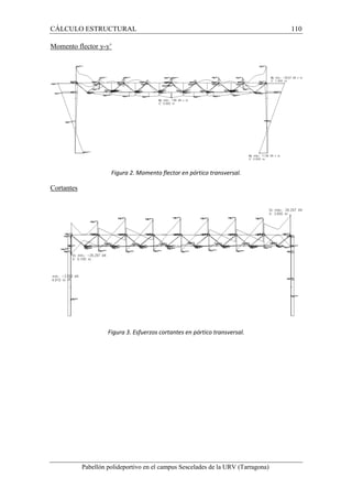 CÁLCULO ESTRUCTURAL 110 
Momento flector y-y’ 
Figura 2. Momento flector en pórtico transversal. 
Pabellón polideportivo en el campus Sescelades de la URV (Tarragona) 
Cortantes 
Figura 3. Esfuerzos cortantes en pórtico transversal. 
 