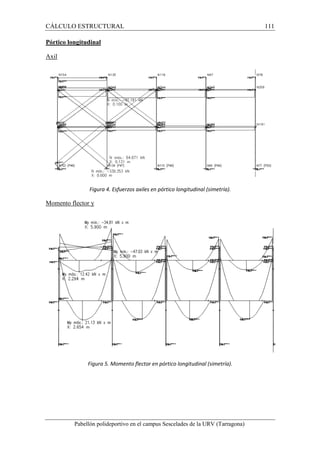 CÁLCULO ESTRUCTURAL 111 
Pórtico longitudinal 
Axil 
Figura 4. Esfuerzos axiles en pórtico longitudinal (simetría). 
Momento flector y 
Figura 5. Momento flector en pórtico longitudinal (simetría). 
Pabellón polideportivo en el campus Sescelades de la URV (Tarragona) 
 