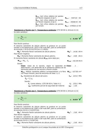 CÁLCULO ESTRUCTURAL 
Ncr,y: Axil crítico elástico de pandeo 
por flexión respecto al eje Y. Ncr,y : 
Ncr,z: Axil crítico elástico de pandeo 
por flexión respecto al eje Z. Ncr,z : 
Ncr,T: Axil crítico elástico de pandeo 
por torsión. Ncr,T : 
Resistencia a flexión eje Y 
Se debe satisfacer: 
7307.03 kN 
45668.93 kN 
579920.12 kN 
- Temperatura ambiente (CTE DB SE-A, Artículo 6.2.6) 
Para flexión positiva: 
El esfuerzo solicitante de cálculo pésimo se produce en un punto 
situado a una distancia de 1.875 m del nudo N87, para la combinación 
de acciones 1.35·G+0.9·V(270°)H1+1.5·N(EI). 
: MEd 
h : 0.103 
Ed 
+ : 14.66 kN·m 
: MEd 
pl,y yd = W × f c,Rd M 
= g y M0 f yd f 
Pabellón polideportivo en el campus Sescelades de la 
MEd 
+: Momento flector solicitante de cálculo pésimo. 
Para flexión negativa: 
MEd 
-: Momento flector solicitante de cálculo pésimo. 
El momento flector resistente de cálculo 
Donde: 
Clase: Clase de la sección, según la capacidad de 
deformación y de desarrollo de la resistencia plástica de los 
elementos planos de una 
Wpl,y: Módulo resistente plástico correspondiente a la fibra 
con mayor tensión, para las secciones de clase 1 y 2. 
fyd: Resistencia de cálculo del acero. 
Siendo: 
fy: Límite elástico. (CTE DB SE 
gM0: Coeficiente parcial de seguridad del material. 
Resistencia a flexión eje Z 
S e debe satisfacer: 
Para flexión positiva: 
El esfuerzo solicitante de cálculo pésimo se produce en un punto 
situado a una distancia de 3.685 m del nudo N87, para la combinación 
de acciones 0.8·G+1.5·V(270°)H2. 
MEd 
+: Momento flector solicitante de cálculo pésimo. 
Para flexión negativa: 
El esfuerzo solicitante de cálculo pésimo se produce en un punto 
situado a una distancia de 3.685 m del nudo N87, para la combinación 
de acciones 0.8·G+1.5·V(90°)H2. 
MEd 
-: Momento flector solicitante de cálculo pésimo. 
Ed 
- : 0.00 kN·m 
c,: 142.58 kN·m 
: 1 
pl,: 637.06 cm³ 
fyd : 223.8 MPa 
fy : 235.0 MPa 
: 1.05 
h : 0.019 
Ed 
+ : 2.69 kN·m 
Ed 
- : 2.69 kN·m 
URV (Tarragona) 
Mc,Rd viene dado por: 
Mc,Rd 
: sección a flexión simple. 
Clase 
Wpl,y 
f 
SE-A, Tabla 4.1) 
gM0 
- Temperatura ambiente (CTE DB SE-A, Artículo 6.2.6) 
MEd 
: MEd 
117 
arragona) 
 
