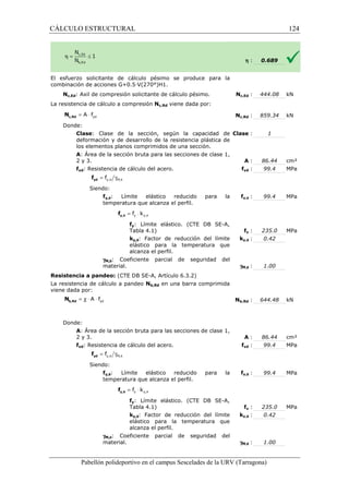 CÁLCULO ESTRUCTURAL 
El esfuerzo solicitante de cálculo pésimo se produce para la 
combinación de acciones G+0.5·V(270°)H1. 
Nc,Ed: Axil de compresión solicitante de cálculo pésimo. 
L a resistencia de cálculo a compresión 
yd = A × f c,Rd N 
Donde: 
Clase: Clase de la sección, según la capacidad de 
deformación y de desarrollo de la resistencia plástica de 
los elementos planos comprimidos de una sección. 
A: Área de la sección bruta para las secciones de clase 1, 
2 y 3. 
fyd: Resistencia de cálculo del acero. 
y, M, f q q = g yd f 
Siendo: 
fy,q: Límite elástico reducido para la 
temperatura que alcanza el perfil. 
y, f q 
gM,q: Coeficiente parcial de seguridad del 
material. 
Resistencia a pandeo: (CTE DB SE 
La resistencia de cálculo a pandeo 
viene dada por: 
yd = c × A × f b,Rd N 
Donde: 
A: Área de la sección bruta para las secciones de clase 1, 
2 y 3. 
fyd: Resistencia de cálculo del acero. 
y, M, f q q = g yd f 
Siendo: 
fy,q: Límite elástico reducido para la 
temperatura que alcanza el perfil. 
y, f q 
gM,q: Coeficiente parcial de seguridad del 
material. 
Pabellón polideportivo en el campus Sescelades de la 
h : 
Nc,Ed : 
0.689 
444.08 kN 
859.34 kN 
URV (Tarragona) 
La Nc,Rd viene dada por: 
Nc,Rd : 
: Clase : 
: A : 
fyd : 
fy,q : 
fy: Límite elástico. (CTE DB SE-A, 
Tabla 4.1) fy : 
ky,q: Factor de reducción del límite 
ky,q : 
elástico para la temperatura que 
alcanza el perfil. 
gM,q : 
SE-A, Artículo 6.3.2) 
Nb,Rd en una barra comprimida 
Nb,Rd : 
: A : 
fyd : 
fy,q : 
fy: Límite elástico. (CTE DB SE-A, 
Tabla 4.1) fy : 
ky,q: Factor de reducción del límite 
ky,q : 
elástico para la temperatura que 
alcanza el perfil. 
gM,q : 
y y, f k q = × y y, f k q = × 124 
arragona) 
1 
86.44 cm² 
99.4 MPa 
99.4 MPa 
235.0 MPa 
0.42 
1.00 
644.48 kN 
86.44 cm² 
99.4 MPa 
99.4 MPa 
235.0 MPa 
0.42 
1.00 
 