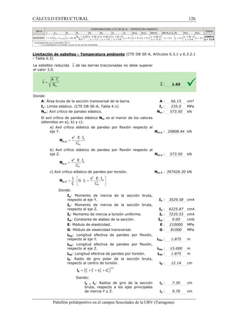 CÁLCULO ESTRUCTURAL 
p × × 
= 
E I 
L cr,y N 
E I 
L cr,z N 
COMPROBACIONES (CTE DB SE-A) - TEMPERATURA AMBIENTE 
MY MZ VZ VY MYVZ MZVY NMYMZ NM 
2 
1 E I 
G I 
i L 
cr,T N 
2 2 
0 kt 
Pabellón polideportivo en el campus Sescelades de la 
Barra 
`l lw Nt Nc 
N229/N90 `l £ 3.0 lw £ lw,máx h = 61.8 
NEd = 0.00 
N.P. 
Comprobaciones que no proceden (N.P.): 
(1) La comprobación no procede, ya que no hay axil de compresión. 
Limitación de esbeltez - Temperatura ambiente 
- Tabla 6.3) 
La esbeltez reducida `l de las barras traccionadas no debe superar 
el valor 3.0. 
Donde: 
A: Área bruta de la sección transversal de la barra. 
fy: Límite elástico. (CTE DB SE 
Ncr: Axil crítico de pandeo elástico. 
El axil crítico de pandeo elástico 
obtenidos en a), b) y c): 
a) Axil crítico elástico de pandeo por flexión respecto al 
eje Y. 
b) Axil crítico elástico de pandeo por flexión respecto al 
eje Z. 
c) Axil crítico elástico de pandeo por torsión. 
Donde: 
Iy: Momento de inercia de la sección bruta, 
respecto al eje Y. 
Iz: Momento de inercia de la sección 
respecto al eje Z. 
It: Momento de inercia a torsión uniforme. 
Iw: Constante de alabeo de la sección. 
E: Módulo de elasticidad. 
G: Módulo de elasticidad transversal. 
Lky: Longitud efectiva de pandeo por flexión, 
respecto al eje Y. 
Lkz: Longitud efectiva de pandeo por flexión, 
respecto al eje Z. 
Lkt: Longitud efectiva de pandeo por torsión. 
i0: Radio 
respecto al centro de torsión. 
Siendo: 
2 
2 
ky 
= 2 
2 
kz 
  
= ×  × +  
  
= + + + 0 i 
URV (Tarragona) 
P.(1) 
x: 0.06 m 
h = 7.5 
x: 0.06 m 
h = 3.0 
x: 1.81 m 
h = 0.8 h = 0.1 h  0.1 h  0.1 
x: 0.06 m 
h = 71.0 h 
(CTE DB SE-A, Artículos 6.3.1 y 6.3.2.1 
`l : 
: A : 
SE-A, Tabla 4.1) fy : 
Ncr : 
Ncr es el menor de los valores 
Ncr,y : 
Ncr,z : 
Ncr,T : 
Iy : 
bruta, 
Iz : 
It : 
Iw : 
: E : 
: G : 
Lky : 
Lkz : 
Lkt : 
de giro polar de la sección bruta, 
i0 : 
iy , iz: Radios de giro de la sección 
bruta, respecto a los ejes principales 
de inercia Y y Z. 
iy : 
iz : 
y p × × 
z p × × w 
t ( i 2 i 2 y 2 z 
2 )0.5 
y z 0 0 126 
arragona) 
Estado 
NMYMZVYVZ Mt MtVZ MtVY 
 0.1 h = 0.2 
x: 1.81 m 
h = 0.6 h = 0.1 CUMPLE 
h = 71.0 
1.65 
66.15 cm² 
235.0 MPa 
573.50 kN 
20808.44 kN 
573.50 kN 
397428.30 kN 
3529.58 cm4 
6225.87 cm4 
7235.53 cm4 
0.00 cm6 
210000 MPa 
81000 MPa 
1.875 m 
15.000 m 
1.875 m 
12.14 cm 
7.30 cm 
9.70 cm 
 