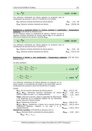 CÁLCULO ESTRUCTURAL 
Los esfuerzos solicitantes de 
combinación de acciones 1.35·G+1.5·V(180°)H1+0.75·N(EI). 
cálculo pésimos se producen para la 
VEd: Esfuerzo cortante solicitante de cálculo pésimo. 
Vc,Rd: Esfuerzo cortante resistente de cálculo. 
0.137 
VEd : 1.34 kN 
V 
Vc,: kN 
Rd 339.06 Resistencia a momento flector Z y fuerza cortante Y combinados 
ambiente (CTE DB SE-A, Artículo 6.2.8) 
No es necesario reducir la resistencia de cálculo a flexión, ya que el 
esfuerzo cortante solicitante de cálculo pésimo 
VEd no es superior al 
5 0% de la resistencia de cálculo a cortante 
Los esfuerzos solicitantes de cálculo pésimos se producen para la 
c ombinación de acciones 0.8·G+1.5·V(90°)H1. 
VEd: Esfuerzo cortante solicitante de cálculo 
Vc,Rd: Esfuerzo cortante resistente de cálculo. 
Resistencia a flexión y axil combinados 
Artículo 6.2.8) 
S e debe satisfacer: 
Los esfuerzos solicitantes de cálculo pésimos se producen en un 
punto situado a una distancia de 0.060 m del nudo N229, para la 
c ombinación de acciones 1.35·G+0.9·V(270°)H1+1.5·N(EI). 
Donde: 
Nt,Ed: Axil de tracción solicitante de cálculo pésimo. 
My,Ed, Mz,Ed: Momentos flectores solicitantes de cálculo 
pésimos, según los ejes Y y Z, respectivamente. 
Clase: Clase de la sección, según la capacidad de 
y de desarrollo de la resistencia plástica de sus elementos 
planos, para axil y flexión simple. 
Npl,Rd: Resistencia a tracción. 
Mpl,Rd,y, Mpl,Rd,z: Resistencia a flexión de la sección bruta en 
condiciones plásticas, respecto a los ejes Y y Z, 
respectivamente. 
Resistencia a pandeo: (CTE DB SE 
Mef,Ed: Momento flector solicitante de cálculo pésimo. 
= × σ y,com com,Ed 
W ef,Ed M 
Pabellón polideportivo en el campus Sescelades de la 
£ 17.282 
- Temperatura 
£ 26.287 
VEd : 0.67 kN 
Vc,Rd : 515.74 kN 
(CTE DB SE-A, 
: 0.710 
: 0.017 
t,: 915.73 kN 
: 7.86 kN·m 
: 2.22 kN·m 
: 1 
pl,: 1480.57 kN 
pl,: 104.15 kN·m 
pl,: 134.51 kN·m 
ef,: 0.00 kN·m 
URV (Tarragona) 
50% Vc,Rd. 
0.068 
combinación pésimo. 
V 
- Temperatura ambiente 
h 
h 
combinación Nt,Ed 
My,+ 
Ed 
Mz,Ed 
+ 
: deformación 
Clase 
Npl,Rd 
Mpl,Rd,y 
Mpl,Rd,z 
SE-A, Artículo 6.3.4.1) 
Mef,Ed 
132 
arragona) 
 