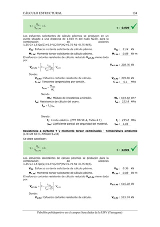 CÁLCULO ESTRUCTURAL 
Los esfuerzos solicitantes de cálculo pésimos se producen en un 
punto situado a una distancia de 1.810 m del nudo N229, para la 
combinación de acciones 
1.35·G+1.5·Qa(C)+0.9·V(270°)H2+0.75·N1+0.75·N(R). 
VEd: Esfuerzo cortante solicitante de cálculo pésimo. 
MT,Ed: Momento torsor solicitante de cálculo pésimo. 
El esfuerzo cortante resistente de cálculo reducido 
por: 
Donde: 
 t  
=  - T,Ed 
 × 
 f 3 
yd 
 
Vpl,T,Rd viene dado 
Vpl,Rd: Esfuerzo cortante resistente de cálculo. 
tT,Ed: Tensiones tangenciales por torsión. 
M 
W 
Siendo: 
WT: Módulo de resistencia a torsión. 
fyd: Resistencia de cálculo del acero. 
Siendo: 
fy: Límite elástico. (CTE DB SE-SE 
A, Tabla 4.1) 
g: Coeficiente parcial de seguridad del material. 
M0Resistencia a cortante Y y momento torsor combinados 
(CTE DB SE-A, Artículo 6.2.8) 
S e debe satisfacer: 
h : 0.006 
VEd : 2.14 kN 
T,: 0.08 kN·m 
pl,: 338.76 kN 
pl,: 339.06 kN 
: 0.1 MPa 
WT : 693.50 cm³ 
fyd : 223.8 MPa 
fy : 235.0 MPa 
: 1.05 
- Temperatura ambiente 
Los esfuerzos solicitantes de cálculo pésimos se producen para la 
combinación de acciones 
1 .35·G+1.5·Qa(C)+0.9·V(270°)H2+0.75·N1+0.75·N(R). 
VEd: Esfuerzo cortante solicitante de cálculo pésimo. 
MT,Ed: Momento torsor solicitante de cálculo pésimo. 
El esfuerzo cortante resistente de cálculo reducido 
por: 
Donde: 
 t  
=  -  × 
  
1 V 
f 3 
Vpl,Rd: Esfuerzo cortante 
Pabellón polideportivo en el campus Sescelades de la 
pl,T,Rd V 
= T,Ed 
t 
tT,Ed 
= g y M0 f yd f 
T,Ed 
pl,Rd 
yd 
pl,T,Rd V 
V 
MT,Ed 
Vpl,T,Rd 
Vpl,Rd 
tT,Ed 
W 
f 
gM0 
h : 0.001 
VEd : 0.36 kN 
T,: 0.08 kN·m 
pl,: 515.28 kN 
pl,: 515.74 kN 
URV (Tarragona) 
1.35V 
MT,Ed 
Vpl,T,Rd viene dado 
Vpl,T,Rd 
resistente de cálculo. Vpl,Rd 
pl,Rd 
1 V 
134 
arragona) 
 