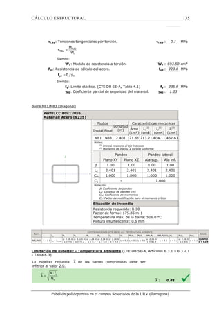 CÁLCULO ESTRUCTURAL 
M 
W 
= T,Ed 
t 
tT,Ed 
= g y M0 f yd f 
SE-A, Tabla 4.1) 
Pabellón polideportivo en el campus Sescelades de la 
   
  
  
tT,Ed: Tensiones tangenciales por torsión. 
Siendo: 
WT: Módulo de resistencia a torsión. 
fyd: Resistencia de cálculo del acero. 
Siendo: 
fy: Límite elástico. (CTE DB SE 
gM0: Coeficiente parcial de seguridad del material. 
Barra N81/N83 (Diagonal) 
Perfil: CC 80x120x6 
Material: Acero (S235) 
Barra 
`l lw Nt Nc 
N81/N83 `l  2.0 lw £ lw,máx 
x: 2.24 m 
h = 7.5 
x: 0.145 m 
h = 77.2 
Limitación de esbeltez - Temperatura ambiente 
- Tabla 6.3) 
La esbeltez reducida `l de las barras comprimidas debe ser 
inferior al valor 2.0. 
tT,Ed 
WT W 
: 693.50 cm³ 
f 
fyd : 223.8 MPa 
fy : 235.0 MPa 
: 1.05 
gM0 
(1) 
: 0.1 MPa 
URV (Tarragona) 
Nudos 
Longitud 
(m) 
Características mecánicas 
Inicial Final Área 
(cm²) 
Iy 
(1) 
(cm4) 
Iz 
(cm4) 
N81 N83 2.401 21.61 213.71 404.11 
Notas: 
(1) Inercia respecto al eje indicado 
(2) Momento de inercia a torsión uniforme 
Pandeo Pandeo lateral 
Plano XY Plano XZ Ala sup. 
b 1.00 1.00 1.00 
LK 2.401 2.401 2.401 
Cm 1.000 1.000 1.000 
C1 - 1.000 
Notación: 
b: Coeficiente de pandeo 
LK: Longitud de pandeo (m) 
Cm: Coeficiente de momentos 
C1: Factor de modificación para el momento crítico 
Situación de incendio 
Resistencia requerida: R 30 
Factor de forma: 175.85 m-1 
Temperatura máx. de la barra: 506.0 °C 
Pintura intumescente: 0.6 mm 
COMPROBACIONES (CTE DB SE-A) - TEMPERATURA AMBIENTE 
MY MZ VZ VY MYVZ MZVY NMYMZ NM 
x: 2.24 m 
x: 2.24 m 
x: 2.24 m 
h x: 2.24 m 
h = 5.7 
h = 0.8 
h = 0.8 = 0.1 h  0.1 h  0.1 
h = 82.9 h 
(CTE DB SE-A, Artículos 6.3.1 y 6.3.2.1 
`l : 
135 
arragona) 
It 
(2) 
(cm4) 
467.63 
Ala inf. 
1.00 
2.401 
1.000 
Estado 
NMYMZVYVZ Mt MtVZ MtVY 
 0.1 h = 0.2 
x: 2.24 m 
h = 0.5 h  0.1 CUMPLE 
h = 82.9 
0.81 
 