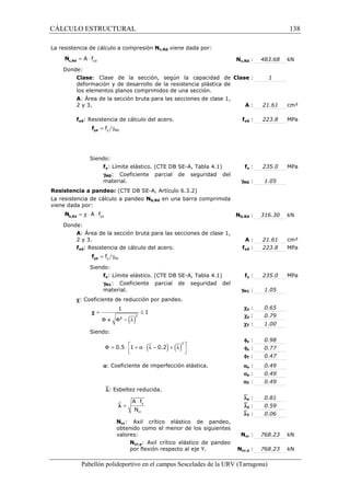 CÁLCULO ESTRUCTURAL 138 
La resistencia de cálculo a compresión Nc,Rd viene dada por: 
Nc,Rd : 483.68 kN 
yd = A × f c,Rd N 
Donde: 
Clase: Clase de la sección, según la capacidad de 
deformación y de desarrollo de la resistencia plástica de 
los elementos planos comprimidos de una sección. 
Clase : 1 
A: Área de la sección bruta para las secciones de clase 1, 
2 y 3. A : 21.61 cm² 
fyd: Resistencia de cálculo del acero. fyd : 223.8 MPa 
= g y M0 f yd f 
Siendo: 
fy: Límite elástico. (CTE DB SE-A, Tabla 4.1) fy : 235.0 MPa 
gM0: Coeficiente parcial de seguridad del 
material. gM0 : 1.05 
Resistencia a pandeo: (CTE DB SE-A, Artículo 6.3.2) 
La resistencia de cálculo a pandeo Nb,Rd en una barra comprimida 
viene dada por: 
Nb,Rd : 316.30 kN 
yd = c × A × f b,Rd N 
Donde: 
A: Área de la sección bruta para las secciones de clase 1, 
2 y 3. A : 21.61 cm² 
fyd: Resistencia de cálculo del acero. fyd : 223.8 MPa 
= g y M1 f yd f 
Siendo: 
fy: Límite elástico. (CTE DB SE-A, Tabla 4.1) fy : 235.0 MPa 
gM1: Coeficiente parcial de seguridad del 
material. gM1 : 1.05 
c: Coeficiente de reducción por pandeo. 
cy : 0.65 
cz : 0.79 
cT : 1.00 
= £ 1 
F F2 - l 
c 
+ 
Siendo: 
fy : 0.98 
fz : 0.77 
fT : 0.47 
( )2 
1 
( ) ( )2 
F = 0.5 × 1 + a × l - 0.2 + l    
a: Coeficiente de imperfección elástica. ay : 0.49 
az : 0.49 
aT : 0.49 
`l: Esbeltez reducida. 
`ly : 0.81 
`lz : 0.59 
`lT : 0.06 
× 
A f 
N 
y 
cr 
l = 
Ncr: Axil crítico elástico de pandeo, 
obtenido como el menor de los siguientes 
valores: Ncr : 768.23 kN 
Ncr,y: Axil crítico elástico de pandeo 
por flexión respecto al eje Y. Ncr,y : 768.23 kN 
Pabellón polideportivo en el campus Sescelades de la URV (Tarragona) 
 