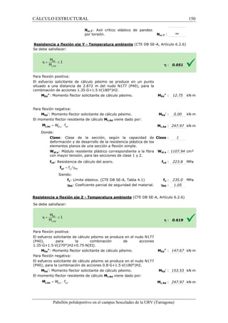 CÁLCULO ESTRUCTURAL 
Ncr,T: Axil crítico elástico de pandeo 
por torsión. Ncr,T 
Resistencia a flexión eje Y 
Se debe satisfacer: 
: ¥ 
- Temperatura ambiente (CTE DB SE-A, Artículo 6.2.6) 
Para flexión positiva: 
El esfuerzo solicitante de cálculo pésimo se produce en un punto 
situado a una distancia de 2.872 m del nudo N177 (P40), para la 
combinación de acciones 1.35·G+1.5·V(180°)H2. 
: MEd 
: MEd 
pl,y yd = W × f c,Rd M 
= g y M0 f yd f 
Pabellón polideportivo en el campus Sescelades de la 
MEd 
+: Momento flector solicitante de cálculo pésimo. 
Para flexión negativa: 
MEd 
-: Momento flector solicitante de cálculo pésimo. 
El momento flector resistente de cálculo 
Donde: 
Clase: Clase de la sección, según la capacidad de 
deformación y de desarrollo de la resistencia plástica de los 
elementos planos de una sección a flexión simple. 
Wpl,y: Módulo resistente plástico correspondiente a la fibra 
con mayor tensión, para las secciones de clase 1 y 2. 
fyd: Resistencia de cálculo del acero. 
Siendo: 
fy: Límite elástico. (CTE DB SE 
gM0: Coeficiente parcial de seguridad del material. 
Resistencia a flexión eje Z 
S e debe satisfacer: 
Para flexión positiva: 
El esfuerzo solicitante de cálculo pésimo se produce en el nudo N177 
(P40), para la combinación de acciones 
1.35·G+1.5·V(270°)H2+0.75·N(EI). 
MEd 
+: Momento flector solicitante de cálculo pésimo. 
Para flexión negativa: 
El esfuerzo solicitante de cálculo pésimo se produce en el nudo N177 
(P40), para la combinación de acciones 
MEd 
-: Momento flector solicitante de cálculo pésimo. 
El momento flector resistente de cálculo 
pl,z yd = W × f c,Rd M 
h 
+ 
: 0.051 
: 12.75 kN·m 
Ed 
- : 0.00 kN·m 
c,: 247.97 kN·m 
: 1 
pl,: 1107.94 cm³ 
yd : 223.8 MPa 
y : 235.0 MPa 
: 1.05 
: 0.619 
: 147.67 kN·m 
Ed 
- : 153.53 kN·m 
c,: 247.97 kN·m 
URV (Tarragona) 
Mc,Rd viene dado por: 
Mc,Rd 
: Clase 
Wpl,y 
fyd 
SE-A, Tabla 4.1) fy 
gM0 
- Temperatura ambiente (CTE DB SE-A, Artículo 6.2.6) 
h 
: MEd 
+ 
0.8·G+1.5·V(180°)H2. 
: MEd 
Mc,Rd viene dado por: 
Mc,Rd 
150 
arragona) 
 