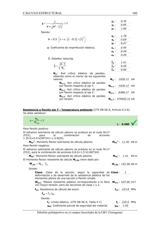 CÁLCULO ESTRUCTURAL 
= £ 
1 
F F - l 
Siendo: 
1 
F2 a: Coeficiente de imperfección elástica. 
`l: Esbeltez reducida. 
× 
A f 
N 
Ncr: Axil crítico elástico de pandeo, 
obtenido como el menor de los siguientes 
valores: 
Resistencia a flexión eje Y 
S e debe satisfacer: 
Ncr,y: Axil crítico elástico de pandeo 
por flexión respecto al eje Y. Ncr,y : 
Ncr,z: Axil crítico elástico de pandeo 
por flexión respecto al eje Z. Ncr,z : 
Ncr,T: Axil crítico elástico de pandeo 
por torsión. Ncr,T : 
0.35 
0.85 
1.00 
1.78 
0.69 
0.47 
0.49 
0.49 
0.49 
1.41 
0.49 
0.06 
1028.13 kN 
1028.13 kN 
8388.17 kN 
579920.12 kN 
- Temperatura ambiente (CTE DB SE-A, Artículo 6.2.6) 
Para flexión positiva: 
El esfuerzo solicitante de cálculo pésimo se produce en el nudo N117 
(P33), para la combinación de acciones 
1.35·G+0.9·V(90°)H1+1.5·N(EI). 
: cálculo pésimo. MEd 
h : 0.080 
Ed 
+ : 11.40 kN·m 
: MEd 
Pabellón polideportivo en el campus Sescelades de la 
MEd 
+: Momento flector solicitante de 
Para flexión negativa: 
El esfuerzo solicitante de cálculo pésimo se produce en el nudo N117 
(P33), para la combinación de acciones 0.8·G+1.5·V(180°)H2. 
MEd 
-: Momento flector solicitante de cálculo pésimo. 
El momento flector resistente de cálculo 
Donde: 
Clase: Clase de la sección, según la capacidad de 
deformación y de desarrollo de la resistencia plástica de los 
elementos planos de una sección a flexión simple. 
Wpl,y: Módulo resistente plástico correspondiente a la fibra 
con mayor tensión, para las secciones de clase 1 y 2. 
fyd: Resistencia de cálculo del acero. 
Siendo: 
fy: Límite elástico. (CTE DB SE 
gM0: Coeficiente parcial de seguridad del material. 
c 
+ 
l = 
pl,y yd = W × f c,Rd M 
= g y M0 f yd f 
cy : 
cz : 
cT : 
fy : 
fz : 
fT : 
ay : 
az : 
aT : 
`ly : 
`lz : 
`lT : 
Ncr : 
Ed 
- : 1.41 kN·m 
c,: 142.58 kN·m 
: 1 
pl,: 637.06 cm³ 
fyd : 223.8 MPa 
fy : 235.0 MPa 
: 1.05 
URV (Tarragona) 
Mc,Rd viene dado por: 
Mc,Rd 
: Clase 
Wpl,y 
f 
SE-A, Tabla 4.1) 
gM0 
( )2 
( ) ( )2 
F = 0.5 × 1 + a × l - 0.2 + l 
   
y 
cr 
160 
arragona) 
 