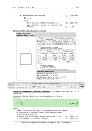 CÁLCULO ESTRUCTURAL 
fyd: Resistencia de cálculo del acero. 
= g y M0 f yd f 
Siendo: 
fy: Límite elástico. (CTE DB SE 
gM0: Coeficiente parcial de seguridad del 
material. 
Barra N187/N201 (Vigas de atado de pórticos) 
Perfil: CDC 180x8 
Material: Acero (S235) 
yd : 223.8 MPa 
SE-A, Tabla 4.1) f 
Pabellón polideportivo en el campus Sescelades de la 
Barra 
COMPROBACIONES (CTE DB SE 
`l lw Nt Nc MY 
N187/N201 `l  2.0 lw £ lw,máx h = 0.6 h = 5.9 x: 5.9 m 
h = 59.1 
Limitación de esbeltez - Temperatura ambiente 
- Tabla 6.3) 
La esbeltez reducida `l de las barras comprimidas debe ser inferior al 
valor 2.0. 
Donde: 
Clase: Clase de la sección, según la capacidad de deformación y 
de desarrollo de la resistencia plástica de los elementos planos 
comprimidos de una sección. 
A: Área de la sección bruta para las secciones de clase 1, 2 y 3. 
fy: Límite elástico. (CTE DB SE 
fyd 
fy : 235.0 MPa 
gM0 
(1) 
: 1.05 
URV (Tarragona) 
Nudos 
Longitud 
(m) 
Características mecánicas 
Inicial Final 
Área 
(cm²) 
Iy 
(1) 
(cm4) 
Iz 
(cm4) 
N187 N201 6.000 53.35 2582.89 2582.89 
Notas: 
(1) Inercia respecto al eje indicado 
(2) Momento de inercia a torsión uniforme 
Pandeo Pandeo lateral 
Plano XY Plano XZ Ala sup. 
b 1.00 1.00 0.00 
LK 6.000 6.000 0.000 
Cm 1.000 1.000 1.000 
C1 - 1.000 
Notación: 
b: Coeficiente de pandeo 
LK: Longitud de pandeo (m) 
Cm: Coeficiente de momentos 
C1: Factor de modificación para el momento crítico 
Situación de incendio 
Resistencia requerida: R 90 
Factor de forma: 129.96 m-1 
Temperatura máx. de la barra: 594.5 °C 
Pintura intumescente: 1.4 mm 
SE-A) - TEMPERATURA AMBIENTE 
MZ VZ VY MYVZ MZVY NMYMZ NMYMZVYV 
x: 0.13 m 
x: 5.9 m 
h = 0.5 h  0.1 h  0.1 x: 0.13 m 
h  0.1 
h = 9.2 
h = 13.3 h = 67.4 (CTE DB SE-A, Artículos 6.3.1 y 6.3.2.1 
`l 
: Clase 
: A 
SE-A, Tabla 4.1) f 
167 
arragona) 
It 
(2) 
(cm4) 
4169.72 
Ala inf. 
0.00 
0.000 
1.000 
: Estado 
Z Mt MtVZ MtVY 
h = 1.9 x: 5.9 m 
h = 12.7 h = 0.1 CUMPLE 
h = 67.4 
: 0.92 
: 1 
: 53.35 cm² 
fy : 235.0 MPa 
 