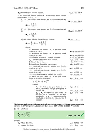 CÁLCULO ESTRUCTURAL 
Ncr: Axil crítico de pandeo elástico. 
El axil crítico de pandeo elástico 
obtenidos en a), b) y c): 
Ncr es el menor de los valores 
a) Axil crítico elástico de pandeo por flexión respecto al eje 
Y. 
E I 
N 
= 
cr,y L 2 
2 
ky 
b) Axil crítico elástico de pandeo por flexión respecto al eje 
Z. 
2 
= p × × 
E I 
L cr,z N 
2 
kz 
c) Axil crítico elástico de pandeo por torsión. 
2 
i L 
cr,T N 
Donde: 
1 E I 
  
 G I 
 
  
2 2 
0 kt 
Iy: Momento de inercia de la sección bruta, 
respecto al eje Y. 
Iz: Momento de inercia de la sección bruta, 
respecto al eje Z. 
It: Momento de inercia a torsión uniforme. 
Iw: Constante de alabeo de la sección. 
E: Módulo de elasticidad. 
G: Módulo de elasticidad transversal. 
Lky: Longitud efectiva de pandeo por flexión, 
respecto al eje Y. 
Lkz: Longitud efectiva de pandeo por flexión, 
respecto al eje Z. 
Lkt: Longitud efectiva 
i0: Radio de giro polar de la sección bruta, 
respecto al centro de torsión. 
cr : 1487.04 kN 
cr,: 1487.04 kN 
cr,: 1487.04 kN 
cr,: ¥ 
Iy : 2582.89 cm4 
Iz : 2582.89 cm4 
It : 4169.72 cm4 
w : 0.00 cm6 
: 210000 MPa 
: 81000 MPa 
: E 
: G 
= + + + 0 i 
Siendo: 
ky : 6.000 m 
kz : 6.000 m 
de pandeo por torsión. Lkt 
iy , iz: Radios de giro de la sección 
bruta, respecto a los ejes principales de 
inercia Y y Z. 
y0 , z0: Coordenadas del centro de 
torsión en la dirección de los ejes 
principales Y y Z, respectivamente, 
relativas al centro de gravedad de la 
sección. 
Abolladura del alma inducida 
(Criterio de CYPE Ingenieros, basado en: Eurocódigo 3 EN 1993 
S e debe satisfacer: 
kt : 0.000 m 
i0 : 9.84 cm 
iy : 6.96 cm 
iz : 6.96 cm 
y0 : 0.00 mm 
z0 : 0.00 mm 
por el ala comprimida - Temperatura ambiente 
1993-1-5: 2006, Artículo 8) 
Pabellón polideportivo en el campus Sescelades de la 
Donde: 
hw: Altura del alma. 
tw: Espesor del alma. 
Ncr 
Ncr,y 
Ncr,z 
Ncr,T 
I 
I 
I 
Iw 
Lky 
Lkz 
i 
i 
i 
y 
z 
20.50 
w : 164.00 mm 
hw 
tw 
£ 361.89 
w : 8.00 mm 
URV (Tarragona) 
p × × 
y z p × × = × × + w 
t ( i 2 i 2 y 2 z 
2 )0.5 
y z 0 0 168 
arragona) 
 