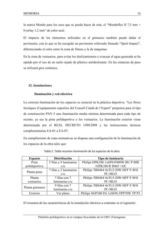 MEMORIA 16 
la marca Mondo para los usos que se puede hacer de esta, el “Mondoflex II 7,5 mm + 
Everlay 1,2 mm” de color azul. 
El impacto de los elementos utilizados en el gimnasio también puede dañar el 
pavimento, con lo que se ha escogido un pavimento reforzado llamado “Sport Impact”, 
diferenciando el color entre la zona de fitness y la de máquinas. 
En la zona de vestuarios, para evitar los deslizamientos y evacuar el agua generada se ha 
optado por el uso de un suelo rejado de plástico antideslizante. En las estancias de paso 
se utilizará gres cerámico. 
12. Instalaciones 
Iluminación y red eléctrica 
La correcta iluminación de los espacios es esencial en la práctica deportiva. “Les fitxes 
tècniques d’equipaments esportius del Consell Català de l’Esport” proponen para el tipo 
de construcción PAV-3 una iluminación media mínima determinada para cada tipo de 
recinto, ya sea la pista polideportiva o los vestuarios. La iluminación exterior viene 
determinada por el REAL DECRETO 1890/2008 y las instrucciones técnicas 
complementarias EA-01 a EA-07. 
En cumplimiento de estas normativas se dispone una configuración de la iluminación de 
los espacios de la obra tales que: 
Tabla 2. Tabla resumen iluminación de los espacios de la obra. 
Espacio Distribución Tipo de luminaria 
Pista 
5 filas y 9 luminarias 
polideportiva 
c/u 
Philips HPK380 1xHPI-P400W-BU P-MB 
+GPK380 R D465 +GC 
Planta pista 
7 filas y 2 luminarias 
c/u 
Philips TBS464 4xTL5-20W HFP T-WH 
PC-MLO 
Planta 
vestuarios 
7 filas con 7 
luminarias c/u 
Philips TBS464 4xTL5-20W HFP T-WH 
PC-MLO 
Planta gimnasio 
9 filas con 7 
luminarias c/u 
Philips TBS464 4xTL5-20W HFP T-WH 
PC-MLO 
Exterior Ver plano Philips SGP340 FG 1xSON-TPP70W TP P5 
El resumen de las características de la instalación eléctrica a contratar es el siguiente: 
Pabellón polideportivo en el campus Sescelades de la URV (Tarragona) 
 