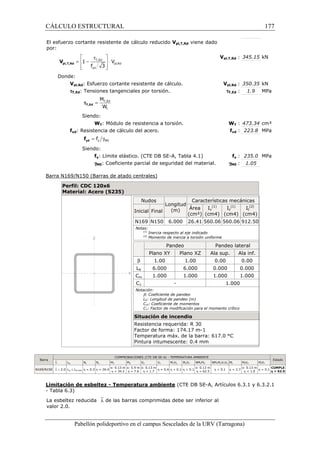 CÁLCULO ESTRUCTURAL 
El esfuerzo cortante resistente de cálculo reducido 
por: 
pl,T,Rd V 
Donde: 
 t  
=  - T,Ed 
 × 
 f 3 
yd 
 
Vpl,T,Rd viene dado 
Vpl,Rd: Esfuerzo cortante resistente de cálculo. 
tT,Ed: Tensiones tangenciales por torsión. 
M 
W 
= T,Ed 
tT,Ed 
Siendo: 
t 
WT: Módulo de resistencia a torsión. 
fyd: Resistencia de cálculo del acero. 
= g y M0 f yd f 
Siendo: 
fy: Límite elástico. (CTE DB SE 
gM0: Coeficiente parcial de seguridad del material. 
Barra N169/N150 (Barras de atado centrales) 
Perfil: CDC 120x6 
Material: Acero (S235) 
SE-A, Tabla 4.1) 
Pabellón polideportivo en el campus Sescelades de la 
Barra 
COMPROBACIONES (CTE DB SE 
`l lw Nt Nc MY 
N169/N150 `l  2.0 lw £ lw,máx h = 0.3 h = 26.4 
x: 0.13 m 
h = 34.2 
Limitación de esbeltez - Temperatura 
- Tabla 6.3) 
La esbeltez reducida `l de las barras comprimidas debe ser inferior al 
valor 2.0. 
pl,: 345.15 kN 
Vpl,T,Rd 
pl,: 350.35 kN 
Vpl,Rd 
tT,Ed 
WT W 
: 473.34 cm³ 
f 
fyd : 223.8 MPa 
fy : 235.0 MPa 
: 1.05 
gM0 
(1) 
: 1.9 MPa 
URV (Tarragona) 
Nudos 
Longitud 
(m) 
Características mecánicas 
Inicial Final 
Área 
(cm²) 
Iy 
(1) 
(cm4) 
Iz 
(cm4) 
N169 N150 6.000 26.41 560.06 560.06 
Notas: 
(1) Inercia respecto al eje indicado 
(2) Momento de inercia a torsión uniforme 
Pandeo Pandeo lateral 
Plano XY Plano XZ Ala sup. 
b 1.00 1.00 0.00 
LK 6.000 6.000 0.000 
Cm 1.000 1.000 1.000 
C1 - 1.000 
Notación: 
b: Coeficiente de pandeo 
LK: Longitud de pandeo (m) 
Cm: Coeficiente de momentos 
C1: Factor de modificación para el momento crítico 
Situación de incendio 
Resistencia requerida: R 30 
Factor de forma: 174.17 m-1 
Temperatura máx. de la barra: 617.0 °C 
Pintura intumescente: 0.4 mm 
SE-A) - TEMPERATURA AMBIENTE 
MZ VZ VY MYVZ MZVY NMYMZ NMYMZVYVZ M 
x: 5.9 m 
x: 0.13 m 
x: 0.13 m 
h h = 0.4  0.1  0.1 
 0.1 = 7.6 
= 1.7 h h h h = 62.5 h h 
ambiente (CTE DB SE-A, Artículos 6.3.1 y 6.3.2.1 
pl,Rd 
1 V 
177 
arragona) 
It 
(2) 
(cm4) 
912.50 
Ala inf. 
0.00 
0.000 
1.000 
: Estado 
Mt MtVZ MtVY 
= 2.7 
x: 0.13 m 
h = 1.0 h = 0.1 CUMPLE 
h = 62.5 
 