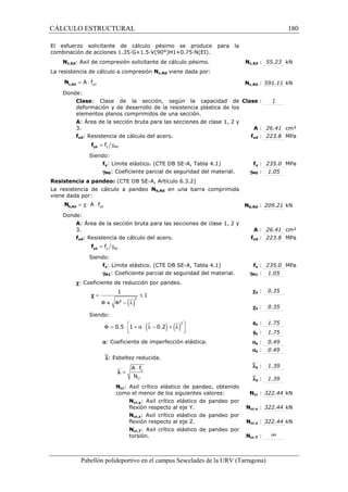 CÁLCULO ESTRUCTURAL 180 
El esfuerzo solicitante de cálculo pésimo se produce para la 
combinación de acciones 1.35·G+1.5·V(90°)H1+0.75·N(EI). 
Nc,Ed: Axil de compresión solicitante de cálculo pésimo. Nc,Ed : 55.23 kN 
La resistencia de cálculo a compresión Nc,Rd viene dada por: 
Nc,Rd : 591.11 kN 
yd = A × f c,Rd N 
Donde: 
Clase: Clase de la sección, según la capacidad de 
deformación y de desarrollo de la resistencia plástica de los 
elementos planos comprimidos de una sección. 
Clase : 1 
A: Área de la sección bruta para las secciones de clase 1, 2 y 
3. A : 26.41 cm² 
fyd: Resistencia de cálculo del acero. fyd : 223.8 MPa 
= g y M0 f yd f 
Siendo: 
fy: Límite elástico. (CTE DB SE-A, Tabla 4.1) fy : 235.0 MPa 
gM0: Coeficiente parcial de seguridad del material. gM0 : 1.05 
Resistencia a pandeo: (CTE DB SE-A, Artículo 6.3.2) 
La resistencia de cálculo a pandeo Nb,Rd en una barra comprimida 
viene dada por: 
Nb,Rd : 209.21 kN 
yd = c × A × f b,Rd N 
Donde: 
A: Área de la sección bruta para las secciones de clase 1, 2 y 
3. A : 26.41 cm² 
fyd: Resistencia de cálculo del acero. fyd : 223.8 MPa 
= g y M1 f yd f 
Siendo: 
fy: Límite elástico. (CTE DB SE-A, Tabla 4.1) fy : 235.0 MPa 
gM1: Coeficiente parcial de seguridad del material. gM1 : 1.05 
c: Coeficiente de reducción por pandeo. 
cy : 0.35 
cz : 0.35 
= £ 1 
F F2 - l 
c 
+ 
Siendo: 
fy : 1.75 
fz : 1.75 
( )2 
1 
( ) ( )2 
F = 0.5 × 1 + a × l - 0.2 + l    
a: Coeficiente de imperfección elástica. ay : 0.49 
az : 0.49 
`l: Esbeltez reducida. 
`ly : 1.39 
`lz : 1.39 
× 
A f 
N 
y 
cr 
l = 
Ncr: Axil crítico elástico de pandeo, obtenido 
como el menor de los siguientes valores: Ncr : 322.44 kN 
Ncr,y: Axil crítico elástico de pandeo por 
flexión respecto al eje Y. Ncr,y : 322.44 kN 
Ncr,z: Axil crítico elástico de pandeo por 
flexión respecto al eje Z. Ncr,z : 322.44 kN 
Ncr,T: Axil crítico elástico de pandeo por 
torsión. Ncr,T : ¥ 
Pabellón polideportivo en el campus Sescelades de la URV (Tarragona) 
 