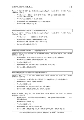 CÁLCULO ESTRUCTURAL 212 
Tramo nº 4 (*P19-P25*) (L= 6.15) Jácena plana Tipo R Sección B*H = 40 X 30 Flecha= 
0.645 cm. (L/953) 
- Arm.Superior: 2Ø16(2.05+2.05=4.10), 3Ø12(1.25+1.25=2.50) ----- 
3Ø12(2.23+0.22P=2.45) 
- Arm.Montaje: 3Ø10(6.48+0.22P=6.70) 
- Arm.Inferior: 3Ø10(6.48+0.22P=6.70), 3Ø10(4.15) 
- Estribos: 34x1eØ6c/0.17(5.75) 
Pórtico 2 (Sección C-C’ Plano) --- Grupo de plantas: 2 
Tramo nº 1 (*B94-B95*) (L= 3.15) Jácena plana Tipo R Sección B*H = 40 X 30 Flecha= 
0.011 cm. (L/27773) 
- Arm.Superior: ----- 2Ø10(1.23+0.22P=1.45) 
- Arm.Montaje: 3Ø10(0.22P+3.49+0.22P=3.93) 
- Arm.Inferior: 3Ø12(0.22P+3.49+0.22P=3.93) 
- Estribos: 17x1eØ6c/0.17(2.75) 
Pórtico 3 (Sección B-B’ Plano) --- Grupo de plantas: 2 
Tramo nº 1 (*B93-B10*) (L= 6.15) Jácena desc. Tipo R Sección B*H = 40 X 50 Flecha= 
0.874 cm. (L/704) 
- Arm.Superior: 3Ø12(0.25P+2.20=2.45) ----- 3Ø12(2.20+0.25P=2.45) 
- Arm.Montaje: 3Ø10(0.25P+6.49+0.25P=6.99) 
- Arm.Piel: 2Ø10(6.45) 
- Arm.Inferior: 3Ø16(0.25P+6.49+0.25P=6.99), 2Ø20(5.35) 
- Estribos: 20x1eØ8c/0.3(5.75) 
Pórtico 4 (Sección D-D’ Plano) --- Grupo de plantas: 2 
Tramo nº 1 (*P1 - P2*) (L= 6.00) Jácena desc. Tipo R Sección B*H = 40 X 50 Flecha= 
0.181 cm. (L/3321) 
- Arm.Superior: 3Ø12(0.25P+2.15=2.40) ----- 2Ø16(2.00), 2Ø16(1.20) 
- Arm.Montaje: 3Ø10(0.25P+6.35=6.60) 
- Arm.Piel: 2Ø10(6.30) 
- Arm.Inferior: 3Ø12(0.25P+6.35=6.60), 2Ø12(4.00) 
- Estribos: 14x1eØ8c/0.3(4.25), 9x1eØ8c/0.15(1.35) 
Tramo nº 2 (*P2 - P3*) (L= 6.00) Jácena desc. Tipo R Sección B*H = 40 X 50 Flecha= 
0.362 cm. (L/1655) 
- Arm.Superior: 2Ø16(2.00+2.00=4.00), 2Ø16(1.20+1.20=2.40) ----- 
3Ø20(2.00) 
- Arm.Montaje: 3Ø10(6.30) 
- Arm.Piel: 2Ø10(6.30) 
- Arm.Inferior: 3Ø12(6.30), 2Ø16(4.00) 
- Estribos: 10x1eØ8c/0.15(1.50), 8x1eØ8c/0.3(2.45), 11x1eØ8c/0.15(1.65) 
Pabellón polideportivo en el campus Sescelades de la URV (Tarragona) 
 