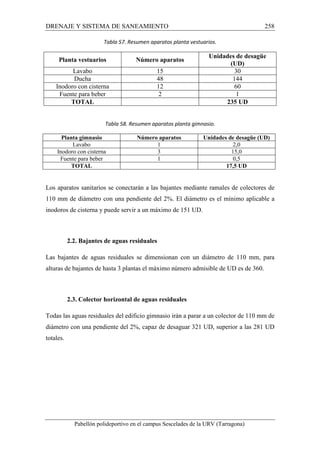 DRENAJE Y SISTEMA DE SANEAMIENTO 258 
Tabla 57. Resumen aparatos planta vestuarios. 
Planta vestuarios Número aparatos Unidades de desagüe 
(UD) 
Lavabo 15 30 
Ducha 48 144 
Inodoro con cisterna 12 60 
Fuente para beber 2 1 
TOTAL 235 UD 
Tabla 58. Resumen aparatos planta gimnasio. 
Planta gimnasio Número aparatos Unidades de desagüe (UD) 
Lavabo 1 2,0 
Inodoro con cisterna 3 15,0 
Fuente para beber 1 0,5 
TOTAL 17,5 UD 
Los aparatos sanitarios se conectarán a las bajantes mediante ramales de colectores de 
110 mm de diámetro con una pendiente del 2%. El diámetro es el mínimo aplicable a 
inodoros de cisterna y puede servir a un máximo de 151 UD. 
2.2. Bajantes de aguas residuales 
Las bajantes de aguas residuales se dimensionan con un diámetro de 110 mm, para 
alturas de bajantes de hasta 3 plantas el máximo número admisible de UD es de 360. 
2.3. Colector horizontal de aguas residuales 
Todas las aguas residuales del edificio gimnasio irán a parar a un colector de 110 mm de 
diámetro con una pendiente del 2%, capaz de desaguar 321 UD, superior a las 281 UD 
totales. 
Pabellón polideportivo en el campus Sescelades de la URV (Tarragona) 
 