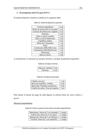 EQUIPAMIENTO DEPORTIVO 266 
1. Prescripciones del CCE para PAV-3 
El material deportivo mínimo se detalla en la siguiente tabla: 
Tabla 61. Material deportivo requerido. 
Cortinas separadoras 2 ud. 
Redes de protección en los goles 2 ud. 
Canastas de baloncesto colgadas 6 ud. 
Porterías 2 ud. 
Palos y red de voleibol 1 ud. 
Palos y red de bádminton 2 ud. 
Espalderas dobles 6 ud. 
Plinto de 5 elementos 1 ud. 
Potro 1 ud. 
Colchoneta (200x100x5 cm) 2 ud. 
Colchoneta (300x200x20 cm) 1 ud. 
Minitramp 1 ud. 
Bancos suecos 4 ud. 
A continuación, se numeran los anclajes mínimos y anclajes de gimnasia requeridos: 
Tabla 62. Anclajes mínimos. 
Palos de voleibol 4 ud. 
Porterías 4 ud. 
Tabla 63. Anclajes de gimnasia. 
Caballo con arco 1 ud. 
Barra de equilibrio. Anillas. 4 ud. 
Barra fijas. Paralelas asimétricas. 4 ud. 
Caballo de saltos. Pista de impulso. 2 ud. 
Para limitar el terreno de juego de cada deporte se utilizan líneas de varios colores y 
grosor: 
Marcajes longitudinales 
Tabla 64. Colores y grosor de las líneas marcajes longitudinales. 
Balonmano, líneas de 5 cm (naranja) 1 campo 
Futbol sala, líneas de 5 cm (rojo) 1 campo 
Baloncesto, líneas de 5 cm (blanco) 1 campo 
Voleibol, líneas de 5 cm (amarillo) 1 campo 
Pabellón polideportivo en el campus Sescelades de la URV (Tarragona) 
 