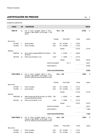 Polideportivo Sescelades 
JUSTIFICACIÓN DE PRECIOS Pág.: 13 
ELEMENTOS COMPUESTOS 
D0B2C100 kg Acer en barres corrugades elaborat a l'obra i 
manipulat a taller B500SD, de límit elàstic = 500 
N/mm2 
Rend.: 1,000 0,87000 € 
Unidades Precio EURO Parcial Importe 
Mano de obra 
A0134000 h Ajudant ferrallista 0,005 /R x 20,44000 = 0,10220 
A0124000 h Oficial 1a ferrallista 0,005 /R x 23,02000 = 0,11510 
Subtotal: 0,21730 0,21730 
Materiales 
B0B2C000 kg Acer en barres corrugades B500SD de límit elàstic = 
500 N/mm2 
1,050 x 0,61000 = 0,64050 
B0A14200 kg Filferro recuit de diàmetre 1.3 mm 0,0102 x 1,08000 = 0,01102 
Subtotal: 0,65152 0,65152 
GASTOS AUXILIARES 1,00 % 0,00217 
COSTE DIRECTO 0,87099 
COSTE EJECUCIÓN MATERIAL 0,87099 
D0B2C100BQW kg Acer en barres corrugades elaborat a l'obra i 
manipulat a taller B500SD, de límit elàstic = 500 
N/mm2 ref. C5SD/6 de la sèrie CELSAFER de CELSA 
Rend.: 1,000 1,20000 € 
Unidades Precio EURO Parcial Importe 
Mano de obra 
A0124000 h Oficial 1a ferrallista 0,005 /R x 23,02000 = 0,11510 
A0134000 h Ajudant ferrallista 0,005 /R x 20,44000 = 0,10220 
Subtotal: 0,21730 0,21730 
Materiales 
B0B2C000B kg Rotlle corrugat d'acer 500 SD de d=6mm, ref. C5SD/6 
de la sèrie CELSAFER de CELSA 
1,050 x 0,92000 = 0,96600 
B0A14200 kg Filferro recuit de diàmetre 1.3 mm 0,0102 x 1,08000 = 0,01102 
Subtotal: 0,97702 0,97702 
GASTOS AUXILIARES 1,00 % 0,00217 
COSTE DIRECTO 1,19649 
COSTE EJECUCIÓN MATERIAL 1,19649 
D0B2C100BQW kg Acer en barres corrugades elaborat a l'obra i 
manipulat a taller B500SD, de límit elàstic = 500 
N/mm2 ref. C5SD/8 de la sèrie CELSAFER de CELSA 
Rend.: 1,000 1,19000 € 
Unidades Precio EURO Parcial Importe 
Mano de obra 
A0124000 h Oficial 1a ferrallista 0,005 /R x 23,02000 = 0,11510 
A0134000 h Ajudant ferrallista 0,005 /R x 20,44000 = 0,10220 
 