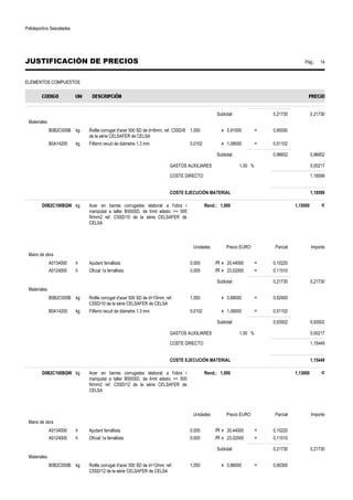 Polideportivo Sescelades 
JUSTIFICACIÓN DE PRECIOS Pág.: 14 
ELEMENTOS COMPUESTOS 
Subtotal: 0,21730 0,21730 
Materiales 
B0B2C000B kg Rotlle corrugat d'acer 500 SD de d=8mm, ref. C5SD/8 
de la sèrie CELSAFER de CELSA 
1,050 x 0,91000 = 0,95550 
B0A14200 kg Filferro recuit de diàmetre 1.3 mm 0,0102 x 1,08000 = 0,01102 
Subtotal: 0,96652 0,96652 
GASTOS AUXILIARES 1,00 % 0,00217 
COSTE DIRECTO 1,18599 
COSTE EJECUCIÓN MATERIAL 1,18599 
D0B2C100BQW kg Acer en barres corrugades elaborat a l'obra i 
manipulat a taller B500SD, de límit elàstic = 500 
N/mm2 ref. C5SD/10 de la sèrie CELSAFER de 
CELSA 
Rend.: 1,000 1,15000 € 
Unidades Precio EURO Parcial Importe 
Mano de obra 
A0134000 h Ajudant ferrallista 0,005 /R x 20,44000 = 0,10220 
A0124000 h Oficial 1a ferrallista 0,005 /R x 23,02000 = 0,11510 
Subtotal: 0,21730 0,21730 
Materiales 
B0B2C000B kg Rotlle corrugat d'acer 500 SD de d=10mm, ref. 
C5SD/10 de la sèrie CELSAFER de CELSA 
1,050 x 0,88000 = 0,92400 
B0A14200 kg Filferro recuit de diàmetre 1.3 mm 0,0102 x 1,08000 = 0,01102 
Subtotal: 0,93502 0,93502 
GASTOS AUXILIARES 1,00 % 0,00217 
COSTE DIRECTO 1,15449 
COSTE EJECUCIÓN MATERIAL 1,15449 
D0B2C100BQW kg Acer en barres corrugades elaborat a l'obra i 
manipulat a taller B500SD, de límit elàstic = 500 
N/mm2 ref. C5SD/12 de la sèrie CELSAFER de 
CELSA 
Rend.: 1,000 1,13000 € 
Unidades Precio EURO Parcial Importe 
Mano de obra 
A0134000 h Ajudant ferrallista 0,005 /R x 20,44000 = 0,10220 
A0124000 h Oficial 1a ferrallista 0,005 /R x 23,02000 = 0,11510 
Subtotal: 0,21730 0,21730 
Materiales 
B0B2C000B kg Rotlle corrugat d'acer 500 SD de d=12mm, ref. 
C5SD/12 de la sèrie CELSAFER de CELSA 
1,050 x 0,86000 = 0,90300 
 