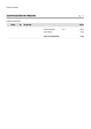 Polideportivo Sescelades 
JUSTIFICACIÓN DE PRECIOS Pág.: 16 
ELEMENTOS COMPUESTOS 
GASTOS AUXILIARES 1,00 % 0,00217 
COSTE DIRECTO 1,13349 
COSTE EJECUCIÓN MATERIAL 1,13349 
 