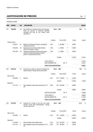 Polideportivo Sescelades 
JUSTIFICACIÓN DE PRECIOS Pág.: 17 
PARTIDAS DE OBRA 
P-1 2953A203 m2 Ferm flexible per a freqüència baixa de trànsit pesat, 
format per paviment de tractament superficial 
monocapa amb base de tot-u artificial, sobre 
esplanada E3 
Rend.: 1,000 8,56 € 
Unidades Precio EURO Parcial Importe 
Partidas de obra 
F931201J m3 Base de tot-u artificial, amb estesa i piconatge del 
material al 98% del PM 
0,100 x 30,29069 = 3,02907 
F9J12C50 m2 Reg d'imprimació amb betum asfàltic fluidificat 
FM-100, amb dotació 1,5 kg/m2 
1,000 x 0,76659 = 0,76659 
F9K11B70 m2 Tractament superficial per mitjà de reg monocapa 
simple amb barreja de granulats de materials 
granítics i emulsió bituminosa ECR-1 
1,000 x 4,36044 = 4,36044 
Subtotal: 8,15610 8,15610 
COSTE DIRECTO 8,15610 
GASTOS INDIRECTOS 5,00 % 0,40781 
COSTE EJECUCIÓN MATERIAL 8,56391 
P-2 E2212122 m3 Excavació per a rebaix en capa de terra vegetal, amb 
mitjans mecànics i càrrega mecànica sobre camió 
Rend.: 1,000 3,03 € 
Unidades Precio EURO Parcial Importe 
Mano de obra 
A0140000 h Manobre 0,010 /R x 19,25000 = 0,19250 
Subtotal: 0,19250 0,19250 
Maquinaria 
C1311120 h Pala carregadora mitjana sobre pneumàtics, de 117 
kW 
0,048 /R x 56,03000 = 2,68944 
Subtotal: 2,68944 2,68944 
GASTOS AUXILIARES 1,50 % 0,00289 
COSTE DIRECTO 2,88483 
GASTOS INDIRECTOS 5,00 % 0,14424 
COSTE EJECUCIÓN MATERIAL 3,02907 
P-3 E2212872 m3 Excavació per a rebaix en roca tova, amb martell 
trencador muntat sobre retroexcavadora i càrrega 
mecànica sobre camió 
Rend.: 1,000 13,16 € 
Unidades Precio EURO Parcial Importe 
Mano de obra 
A0140000 h Manobre 0,015 /R x 19,25000 = 0,28875 
Subtotal: 0,28875 0,28875 
Maquinaria 
C1105A00 h Retroexcavadora amb martell trencador 0,130 /R x 68,31000 = 8,88030 
C1311120 h Pala carregadora mitjana sobre pneumàtics, de 117 
kW 
0,060 /R x 56,03000 = 3,36180 
 