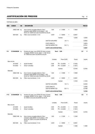 Polideportivo Sescelades 
JUSTIFICACIÓN DE PRECIOS Pág.: 20 
PARTIDAS DE OBRA 
D0B2C100B kg Acer en barres corrugades elaborat a l'obra i 
manipulat a taller B500SD, de límit elàstic = 500 
N/mm2 ref. C5SD/6 de la sèrie CELSAFER de CELSA 
1,000 x 1,19649 = 1,19649 
B0A14200 kg Filferro recuit de diàmetre 1.3 mm 0,0051 x 1,08000 = 0,00551 
Subtotal: 1,20200 1,20200 
GASTOS AUXILIARES 1,50 % 0,00452 
COSTE DIRECTO 1,50816 
GASTOS INDIRECTOS 5,00 % 0,07541 
COSTE EJECUCIÓN MATERIAL 1,58357 
P-9 E31B4000BQW kg Armadura de rases i pous AP500 SD d'acer en barres 
corrugades B500SD de límit elàstic = 500 N/mm2 
ref. C5SD/8 de la sèrie CELSAFER de CELSA 
Rend.: 1,000 1,57 € 
Unidades Precio EURO Parcial Importe 
Mano de obra 
A0134000 h Ajudant ferrallista 0,008 /R x 20,44000 = 0,16352 
A0124000 h Oficial 1a ferrallista 0,006 /R x 23,02000 = 0,13812 
Subtotal: 0,30164 0,30164 
Materiales 
D0B2C100B kg Acer en barres corrugades elaborat a l'obra i 
manipulat a taller B500SD, de límit elàstic = 500 
N/mm2 ref. C5SD/8 de la sèrie CELSAFER de CELSA 
1,000 x 1,18599 = 1,18599 
B0A14200 kg Filferro recuit de diàmetre 1.3 mm 0,0051 x 1,08000 = 0,00551 
Subtotal: 1,19150 1,19150 
GASTOS AUXILIARES 1,50 % 0,00452 
COSTE DIRECTO 1,49766 
GASTOS INDIRECTOS 5,00 % 0,07488 
COSTE EJECUCIÓN MATERIAL 1,57255 
P-10 E31B4000BQW kg Armadura de rases i pous AP500 SD d'acer en barres 
corrugades B500SD de límit elàstic = 500 N/mm2 
ref. C5SD/12 de la sèrie CELSAFER de CELSA 
Rend.: 1,000 1,52 € 
Unidades Precio EURO Parcial Importe 
Mano de obra 
A0134000 h Ajudant ferrallista 0,008 /R x 20,44000 = 0,16352 
A0124000 h Oficial 1a ferrallista 0,006 /R x 23,02000 = 0,13812 
Subtotal: 0,30164 0,30164 
Materiales 
D0B2C100B kg Acer en barres corrugades elaborat a l'obra i 
manipulat a taller B500SD, de límit elàstic = 500 
N/mm2 ref. C5SD/12 de la sèrie CELSAFER de 
CELSA 
1,000 x 1,13349 = 1,13349 
B0A14200 kg Filferro recuit de diàmetre 1.3 mm 0,0051 x 1,08000 = 0,00551 
Subtotal: 1,13900 1,13900 
 