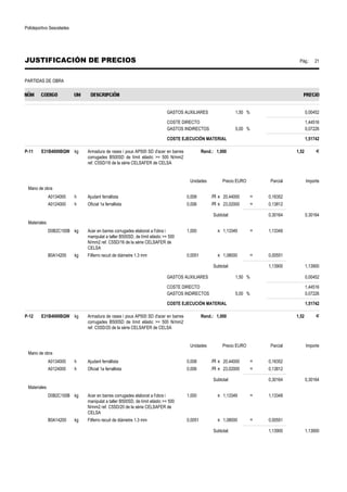 Polideportivo Sescelades 
JUSTIFICACIÓN DE PRECIOS Pág.: 21 
PARTIDAS DE OBRA 
GASTOS AUXILIARES 1,50 % 0,00452 
COSTE DIRECTO 1,44516 
GASTOS INDIRECTOS 5,00 % 0,07226 
COSTE EJECUCIÓN MATERIAL 1,51742 
P-11 E31B4000BQW kg Armadura de rases i pous AP500 SD d'acer en barres 
corrugades B500SD de límit elàstic = 500 N/mm2 
ref. C5SD/16 de la sèrie CELSAFER de CELSA 
Rend.: 1,000 1,52 € 
Unidades Precio EURO Parcial Importe 
Mano de obra 
A0134000 h Ajudant ferrallista 0,008 /R x 20,44000 = 0,16352 
A0124000 h Oficial 1a ferrallista 0,006 /R x 23,02000 = 0,13812 
Subtotal: 0,30164 0,30164 
Materiales 
D0B2C100B kg Acer en barres corrugades elaborat a l'obra i 
manipulat a taller B500SD, de límit elàstic = 500 
N/mm2 ref. C5SD/16 de la sèrie CELSAFER de 
CELSA 
1,000 x 1,13349 = 1,13349 
B0A14200 kg Filferro recuit de diàmetre 1.3 mm 0,0051 x 1,08000 = 0,00551 
Subtotal: 1,13900 1,13900 
GASTOS AUXILIARES 1,50 % 0,00452 
COSTE DIRECTO 1,44516 
GASTOS INDIRECTOS 5,00 % 0,07226 
COSTE EJECUCIÓN MATERIAL 1,51742 
P-12 E31B4000BQW kg Armadura de rases i pous AP500 SD d'acer en barres 
corrugades B500SD de límit elàstic = 500 N/mm2 
ref. C5SD/20 de la sèrie CELSAFER de CELSA 
Rend.: 1,000 1,52 € 
Unidades Precio EURO Parcial Importe 
Mano de obra 
A0134000 h Ajudant ferrallista 0,008 /R x 20,44000 = 0,16352 
A0124000 h Oficial 1a ferrallista 0,006 /R x 23,02000 = 0,13812 
Subtotal: 0,30164 0,30164 
Materiales 
D0B2C100B kg Acer en barres corrugades elaborat a l'obra i 
manipulat a taller B500SD, de límit elàstic = 500 
N/mm2 ref. C5SD/20 de la sèrie CELSAFER de 
CELSA 
1,000 x 1,13349 = 1,13349 
B0A14200 kg Filferro recuit de diàmetre 1.3 mm 0,0051 x 1,08000 = 0,00551 
Subtotal: 1,13900 1,13900 
 