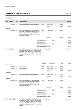 Polideportivo Sescelades 
JUSTIFICACIÓN DE PRECIOS Pág.: 25 
PARTIDAS DE OBRA 
C200P000 h Equip i elements auxiliars per a soldadura elèctrica 0,018 /R x 3,27000 = 0,05886 
Subtotal: 0,05886 0,05886 
Materiales 
B44Z502A kg Acer S275JR segons UNE-EN 10025-2, format per 
peça simple, en perfils laminats en calent sèrie L, LD, 
T, rodó, quadrat, rectangular i planxa, treballat al 
taller per a col·locar amb soldadura i amb una capa 
d'imprimació antioxidant 
1,000 x 0,98000 = 0,98000 
Subtotal: 0,98000 0,98000 
GASTOS AUXILIARES 2,50 % 0,01566 
COSTE DIRECTO 1,68092 
GASTOS INDIRECTOS 5,00 % 0,08405 
COSTE EJECUCIÓN MATERIAL 1,76497 
P-19 E44A5325 kg Acer S275JR segons UNE-EN 10025-2, per a 
encavallades formades per peça composta, en perfils 
laminats en calent sèrie L, LD, T, rodó, quadrat, 
rectangular i planxa, treballat a taller i amb una capa 
d'imprimació antioxidant, col·locat a l'obra amb 
soldadura 
Rend.: 1,000 2,94 € 
Unidades Precio EURO Parcial Importe 
Mano de obra 
A0135000 h Ajudant soldador 0,025 /R x 20,52000 = 0,51300 
A0125000 h Oficial 1a soldador 0,045 /R x 23,40000 = 1,05300 
Subtotal: 1,56600 1,56600 
Maquinaria 
C200P000 h Equip i elements auxiliars per a soldadura elèctrica 0,045 /R x 3,27000 = 0,14715 
Subtotal: 0,14715 0,14715 
Materiales 
B44Z50BA kg Acer S275JR segons UNE-EN 10025-2, format per 
peça composta, en perfils laminats en calent sèrie L, 
LD, T, rodó, quadrat, rectangular i planxa, treballat al 
taller per a col·locar amb soldadura i amb una capa 
d'imprimació antioxidant 
1,000 x 1,05000 = 1,05000 
Subtotal: 1,05000 1,05000 
GASTOS AUXILIARES 2,50 % 0,03915 
COSTE DIRECTO 2,80230 
GASTOS INDIRECTOS 5,00 % 0,14012 
COSTE EJECUCIÓN MATERIAL 2,94242 
P-20 E44B5112BQXI kg Acer S275JR segons UNE-EN 10025-2, per a corretja 
formada per peça simple, en perfils laminats en calent 
sèrie IPN, IPE, HEB, HEA, HEM i UPN, ref. IPE-180 
de la sèrie PERFILS de CELSA amb una capa 
d'imprimació antioxidant, col·locat a l'obra amb 
soldadura 
Rend.: 1,000 2,48 € 
 