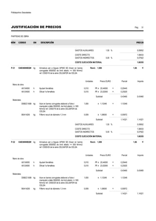 Polideportivo Sescelades 
JUSTIFICACIÓN DE PRECIOS Pág.: 31 
PARTIDAS DE OBRA 
GASTOS AUXILIARES 1,50 % 0,00652 
COSTE DIRECTO 1,58433 
GASTOS INDIRECTOS 5,00 % 0,07922 
COSTE EJECUCIÓN MATERIAL 1,66355 
P-31 E4B36000BQW kg Armadura per a bigues AP500 SD d'acer en barres 
corrugades B500SD de límit elàstic = 500 N/mm2 
ref. C5SD/16 de la sèrie CELSAFER de CELSA 
Rend.: 1,000 1,66 € 
Unidades Precio EURO Parcial Importe 
Mano de obra 
A0134000 h Ajudant ferrallista 0,010 /R x 20,44000 = 0,20440 
A0124000 h Oficial 1a ferrallista 0,010 /R x 23,02000 = 0,23020 
Subtotal: 0,43460 0,43460 
Materiales 
D0B2C100B kg Acer en barres corrugades elaborat a l'obra i 
manipulat a taller B500SD, de límit elàstic = 500 
N/mm2 ref. C5SD/16 de la sèrie CELSAFER de 
CELSA 
1,000 x 1,13349 = 1,13349 
B0A14200 kg Filferro recuit de diàmetre 1.3 mm 0,009 x 1,08000 = 0,00972 
Subtotal: 1,14321 1,14321 
GASTOS AUXILIARES 1,50 % 0,00652 
COSTE DIRECTO 1,58433 
GASTOS INDIRECTOS 5,00 % 0,07922 
COSTE EJECUCIÓN MATERIAL 1,66355 
P-32 E4B36000BQW kg Armadura per a bigues AP500 SD d'acer en barres 
corrugades B500SD de límit elàstic = 500 N/mm2 
ref. C5SD/20 de la sèrie CELSAFER de CELSA 
Rend.: 1,000 1,66 € 
Unidades Precio EURO Parcial Importe 
Mano de obra 
A0134000 h Ajudant ferrallista 0,010 /R x 20,44000 = 0,20440 
A0124000 h Oficial 1a ferrallista 0,010 /R x 23,02000 = 0,23020 
Subtotal: 0,43460 0,43460 
Materiales 
D0B2C100B kg Acer en barres corrugades elaborat a l'obra i 
manipulat a taller B500SD, de límit elàstic = 500 
N/mm2 ref. C5SD/20 de la sèrie CELSAFER de 
CELSA 
1,000 x 1,13349 = 1,13349 
B0A14200 kg Filferro recuit de diàmetre 1.3 mm 0,009 x 1,08000 = 0,00972 
Subtotal: 1,14321 1,14321 
 