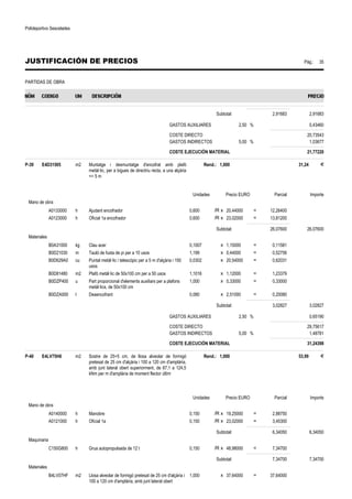 Polideportivo Sescelades 
JUSTIFICACIÓN DE PRECIOS Pág.: 35 
PARTIDAS DE OBRA 
Subtotal: 2,91683 2,91683 
GASTOS AUXILIARES 2,50 % 0,43460 
COSTE DIRECTO 20,73543 
GASTOS INDIRECTOS 5,00 % 1,03677 
COSTE EJECUCIÓN MATERIAL 21,77220 
P-39 E4D31505 m2 Muntatge i desmuntatge d'encofrat amb plafó 
metàl·lic, per a bigues de directriu recta, a una alçària 
= 5 m 
Rend.: 1,000 31,24 € 
Unidades Precio EURO Parcial Importe 
Mano de obra 
A0133000 h Ajudant encofrador 0,600 /R x 20,44000 = 12,26400 
A0123000 h Oficial 1a encofrador 0,600 /R x 23,02000 = 13,81200 
Subtotal: 26,07600 26,07600 
Materiales 
B0A31000 kg Clau acer 0,1007 x 1,15000 = 0,11581 
B0D21030 m Tauló de fusta de pi per a 10 usos 1,199 x 0,44000 = 0,52756 
B0D629A0 cu Puntal metàl·lic i telescòpic per a 5 m d'alçària i 150 
usos 
0,0302 x 20,54000 = 0,62031 
B0D81480 m2 Plafó metàl·lic de 50x100 cm per a 50 usos 1,1016 x 1,12000 = 1,23379 
B0DZP400 u Part proporcional d'elements auxiliars per a plafons 
metàl·lics, de 50x100 cm 
1,000 x 0,33000 = 0,33000 
B0DZA000 l Desencofrant 0,080 x 2,51000 = 0,20080 
Subtotal: 3,02827 3,02827 
GASTOS AUXILIARES 2,50 % 0,65190 
COSTE DIRECTO 29,75617 
GASTOS INDIRECTOS 5,00 % 1,48781 
COSTE EJECUCIÓN MATERIAL 31,24398 
P-40 E4LV75H6 m2 Sostre de 25+5 cm, de llosa alveolar de formigó 
pretesat de 25 cm d'alçària i 100 a 120 cm d'amplària, 
amb junt lateral obert superiorment, de 67,1 a 124,5 
kNm per m d'amplària de moment flector últim 
Rend.: 1,000 53,99 € 
Unidades Precio EURO Parcial Importe 
Mano de obra 
A0140000 h Manobre 0,150 /R x 19,25000 = 2,88750 
A0121000 h Oficial 1a 0,150 /R x 23,02000 = 3,45300 
Subtotal: 6,34050 6,34050 
Maquinaria 
C150G800 h Grua autopropulsada de 12 t 0,150 /R x 48,98000 = 7,34700 
Subtotal: 7,34700 7,34700 
Materiales 
B4LV07HF m2 Llosa alveolar de formigó pretesat de 25 cm d'alçària i 
100 a 120 cm d'amplària, amb junt lateral obert 
1,000 x 37,64000 = 37,64000 
 