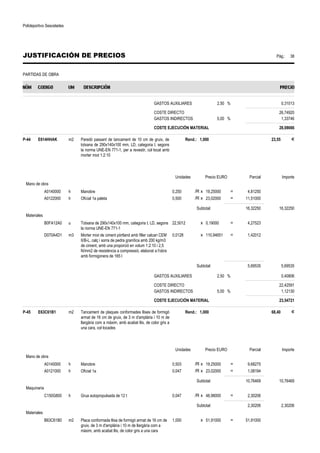 Polideportivo Sescelades 
JUSTIFICACIÓN DE PRECIOS Pág.: 38 
PARTIDAS DE OBRA 
GASTOS AUXILIARES 2,50 % 0,31013 
COSTE DIRECTO 26,74920 
GASTOS INDIRECTOS 5,00 % 1,33746 
COSTE EJECUCIÓN MATERIAL 28,08666 
P-44 E614HHAK m2 Paredó passant de tancament de 10 cm de gruix, de 
totxana de 290x140x100 mm, LD, categoria I, segons 
la norma UNE-EN 771-1, per a revestir, col·locat amb 
morter mixt 1:2:10 
Rend.: 1,000 23,55 € 
Unidades Precio EURO Parcial Importe 
Mano de obra 
A0140000 h Manobre 0,250 /R x 19,25000 = 4,81250 
A0122000 h Oficial 1a paleta 0,500 /R x 23,02000 = 11,51000 
Subtotal: 16,32250 16,32250 
Materiales 
B0FA12A0 u Totxana de 290x140x100 mm, categoria I, LD, segons 
la norma UNE-EN 771-1 
22,5012 x 0,19000 = 4,27523 
D070A4D1 m3 Morter mixt de ciment pòrtland amb filler calcari CEM 
II/B-L, calç i sorra de pedra granítica amb 200 kg/m3 
de ciment, amb una proporció en volum 1:2:10 i 2,5 
N/mm2 de resistència a compressió, elaborat a l'obra 
amb formigonera de 165 l 
0,0128 x 110,94651 = 1,42012 
Subtotal: 5,69535 5,69535 
GASTOS AUXILIARES 2,50 % 0,40806 
COSTE DIRECTO 22,42591 
GASTOS INDIRECTOS 5,00 % 1,12130 
COSTE EJECUCIÓN MATERIAL 23,54721 
P-45 E63C61B1 m2 Tancament de plaques conformades llises de formigó 
armat de 16 cm de gruix, de 3 m d'amplària i 10 m de 
llargària com a màxim, amb acabat llis, de color gris a 
una cara, col·locades 
Rend.: 1,000 68,40 € 
Unidades Precio EURO Parcial Importe 
Mano de obra 
A0140000 h Manobre 0,503 /R x 19,25000 = 9,68275 
A0121000 h Oficial 1a 0,047 /R x 23,02000 = 1,08194 
Subtotal: 10,76469 10,76469 
Maquinaria 
C150G800 h Grua autopropulsada de 12 t 0,047 /R x 48,98000 = 2,30206 
Subtotal: 2,30206 2,30206 
Materiales 
B63C61B0 m2 Placa conformada llisa de formigó armat de 16 cm de 
gruix, de 3 m d'amplària i 10 m de llargària com a 
màxim, amb acabat llis, de color gris a una cara 
1,000 x 51,91000 = 51,91000 
 