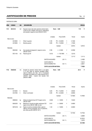Polideportivo Sescelades 
JUSTIFICACIÓN DE PRECIOS Pág.: 42 
PARTIDAS DE OBRA 
P-51 E8121213 m2 Enguixat a bona vista sobre parament vertical interior, 
a més de 3,00 m d'alçària, amb guix B1, acabat lliscat 
amb escaiola A segons la norma UNE-EN 13279-1 
Rend.: 1,000 7,70 € 
Unidades Precio EURO Parcial Importe 
Mano de obra 
A0129000 h Oficial 1a guixaire 0,180 /R x 23,02000 = 4,14360 
A0149000 h Manobre guixaire 0,090 /R x 19,25000 = 1,73250 
Subtotal: 5,87610 5,87610 
Materiales 
B0522300 kg Guix escaiola de designació A, segons la norma 
UNE-EN 13279-1 
0,798 x 0,10000 = 0,07980 
D07J1100 m3 Pasta de guix B1 0,0123 x 100,10850 = 1,23133 
Subtotal: 1,31113 1,31113 
GASTOS AUXILIARES 2,50 % 0,14690 
COSTE DIRECTO 7,33413 
GASTOS INDIRECTOS 5,00 % 0,36671 
COSTE EJECUCIÓN MATERIAL 7,70084 
P-52 E824232G m2 Enrajolat de parament vertical interior a una alçària 
3 m amb rajola de ceràmica esmaltada brillant, 
rajola de València, preu mitjà, de 6 a 15 peces/m2 
col·locades amb adhesiu per a rajola ceràmica D2-TE 
(UNE-EN 12004) i rejuntat amb beurada CG2 
(UNE-EN 13888) 
Rend.: 1,000 28,13 € 
Unidades Precio EURO Parcial Importe 
Mano de obra 
A0140000 h Manobre 0,200 /R x 19,25000 = 3,85000 
A0127000 h Oficial 1a col·locador 0,300 /R x 23,02000 = 6,90600 
Subtotal: 10,75600 10,75600 
Materiales 
B0962024 kg Adhesiu de dispersió tipus D2 TE segons norma 
UNE-EN 12004 
4,9028 x 1,50000 = 7,35420 
B05A2203 kg Material per a rejuntat de rajoles ceràmiques CG2 
segons norma UNE-EN 13888, de color 
0,510 x 0,80000 = 0,40800 
B0FH2183 m2 Rajola de ceràmica esmaltada brillant, rajola de 
valència, de forma rectangular, de 6 a 15 peces/m2, 
preu mitjà, grup BIII (UNE-EN 14411) 
1,100 x 7,28000 = 8,00800 
Subtotal: 15,77020 15,77020 
GASTOS AUXILIARES 2,50 % 0,26890 
COSTE DIRECTO 26,79510 
GASTOS INDIRECTOS 5,00 % 1,33976 
COSTE EJECUCIÓN MATERIAL 28,13486 
 