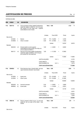 Polideportivo Sescelades 
JUSTIFICACIÓN DE PRECIOS Pág.: 43 
PARTIDAS DE OBRA 
P-53 E8431133 m2 Cel ras de plaques de fibres vegetals fonoabsorbents, 
acabat fibra vegetal, de 60x60 cm i 25 mm de gruix, 
amb entramat vist amb cantell recte i suspensió 
autoanivelladora de barra roscada 
Rend.: 1,000 27,34 € 
Unidades Precio EURO Parcial Importe 
Mano de obra 
A0140000 h Manobre 0,070 /R x 19,25000 = 1,34750 
A012M000 h Oficial 1a muntador 0,300 /R x 23,78000 = 7,13400 
Subtotal: 8,48150 8,48150 
Materiales 
B84ZA330 m2 Entramat metàl·lic vist amb suspensió 
autoanivelladora de barra roscada, preu mitjà, per a 
cel ras de plaques de 60x60 cm 
1,000 x 3,64000 = 3,64000 
B8431131 m2 Placa de cel ras de fibres vegetals, fonoabsorbents, 
acabat fibra vegetal, de 60x60 cm i 25 mm de gruix, 
per a entramat vist i amb cantell recte 
1,050 x 13,13000 = 13,78650 
Subtotal: 17,42650 17,42650 
GASTOS AUXILIARES 1,50 % 0,12722 
COSTE DIRECTO 26,03522 
GASTOS INDIRECTOS 5,00 % 1,30176 
COSTE EJECUCIÓN MATERIAL 27,33698 
P-54 E8940BJ0 m2 Pintat d'estructura d'acer a l'esmalt sintètic, amb dues 
capes d'imprimació antioxidant i dues d'acabat 
Rend.: 1,000 25,84 € 
Unidades Precio EURO Parcial Importe 
Mano de obra 
A013D000 h Ajudant pintor 0,079 /R x 20,44000 = 1,61476 
A012D000 h Oficial 1a pintor 0,790 /R x 23,02000 = 18,18580 
Subtotal: 19,80056 19,80056 
Materiales 
B8ZAA000 kg Imprimació antioxidant 0,204 x 9,59000 = 1,95636 
B89ZB000 kg Esmalt sintètic 0,255 x 10,02000 = 2,55510 
Subtotal: 4,51146 4,51146 
GASTOS AUXILIARES 1,50 % 0,29701 
COSTE DIRECTO 24,60903 
GASTOS INDIRECTOS 5,00 % 1,23045 
COSTE EJECUCIÓN MATERIAL 25,83948 
P-55 E898J140 m2 Pintat de parament vertical de guix, a la cola amb 
acabat llis, amb una capa de fons diluïda, i dues 
d'acabat 
Rend.: 1,000 2,78 € 
Unidades Precio EURO Parcial Importe 
Mano de obra 
 