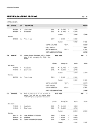 Polideportivo Sescelades 
JUSTIFICACIÓN DE PRECIOS Pág.: 44 
PARTIDAS DE OBRA 
A012D000 h Oficial 1a pintor 0,100 /R x 23,02000 = 2,30200 
A013D000 h Ajudant pintor 0,010 /R x 20,44000 = 0,20440 
Subtotal: 2,50640 2,50640 
Materiales 
B89Z1000 kg Pintura a la cola 0,6018 x 0,17000 = 0,10231 
Subtotal: 0,10231 0,10231 
GASTOS AUXILIARES 1,50 % 0,03760 
COSTE DIRECTO 2,64631 
GASTOS INDIRECTOS 5,00 % 0,13232 
COSTE EJECUCIÓN MATERIAL 2,77862 
P-56 E898K140 m2 Pintat de parament horitzontal de guix, a la cola amb 
acabat llis, amb una capa de fons diluïda, i dues 
d'acabat 
Rend.: 1,000 3,50 € 
Unidades Precio EURO Parcial Importe 
Mano de obra 
A013D000 h Ajudant pintor 0,015 /R x 20,44000 = 0,30660 
A012D000 h Oficial 1a pintor 0,125 /R x 23,02000 = 2,87750 
Subtotal: 3,18410 3,18410 
Materiales 
B89Z1000 kg Pintura a la cola 0,6018 x 0,17000 = 0,10231 
Subtotal: 0,10231 0,10231 
GASTOS AUXILIARES 1,50 % 0,04776 
COSTE DIRECTO 3,33417 
GASTOS INDIRECTOS 5,00 % 0,16671 
COSTE EJECUCIÓN MATERIAL 3,50088 
P-57 E89A2CB0 m2 Pintat de portes cegues de fusta, a l'esmalt de 
poliuretà, amb una capa de protector químic 
insecticida-fungicida, una segelladora i dues d'acabat 
Rend.: 1,000 17,80 € 
Unidades Precio EURO Parcial Importe 
Mano de obra 
A013D000 h Ajudant pintor 0,050 /R x 20,44000 = 1,02200 
A012D000 h Oficial 1a pintor 0,520 /R x 23,02000 = 11,97040 
Subtotal: 12,99240 12,99240 
Materiales 
B89ZC100 kg Esmalt de poliuretà d'un component 0,3468 x 6,15000 = 2,13282 
B8ZA1000 kg Segelladora 0,153 x 4,25000 = 0,65025 
B8ZA3000 kg Protector químic insecticida-fungicida 0,150 x 6,52000 = 0,97800 
Subtotal: 3,76107 3,76107 
 