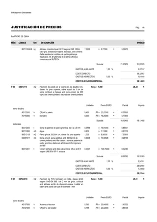 Polideportivo Sescelades 
JUSTIFICACIÓN DE PRECIOS Pág.: 46 
PARTIDAS DE OBRA 
B0711024H6 kg Adhesiu cimentós tipus C2-TE segons UNE 12004, 
color gris, d'elasticitat mitjana, tixotròpic, amb ciments 
d'alta resistència i additius, de perllongat temps 
d'aplicació, ref. B12901002 de la sèrie Adhesius 
cimentosos de BUTECH 
7,0035 x 0,77000 = 5,39270 
Subtotal: 21,07970 21,07970 
GASTOS AUXILIARES 1,50 % 0,22537 
COSTE DIRECTO 36,32957 
GASTOS INDIRECTOS 5,00 % 1,81648 
COSTE EJECUCIÓN MATERIAL 38,14605 
P-60 E9E13114 m2 Paviment de panot per a vorera gris de 20x20x4 cm, 
classe 1a, preu superior, sobre suport de 3 cm de 
sorra, col·locat a l'estesa amb sorra-ciment de 200 
kg/m3 de ciment pòrtland i beurada de ciment pòrtland 
Rend.: 1,000 28,28 € 
Unidades Precio EURO Parcial Importe 
Mano de obra 
A0122000 h Oficial 1a paleta 0,450 /R x 23,02000 = 10,35900 
A0140000 h Manobre 0,300 /R x 19,25000 = 5,77500 
Subtotal: 16,13400 16,13400 
Materiales 
B0312500 t Sorra de pedrera de pedra granítica, de 0 a 3,5 mm 0,0449 x 19,94000 = 0,89531 
B0111000 m3 Aigua 0,010 x 1,11000 = 0,01110 
B9E13100 m2 Panot gris de 20x20x4 cm, classe 1a, preu superior 1,020 x 6,90000 = 7,03800 
D0391311 m3 Sorra-ciment, sense additius amb 200 kg/m3 de 
ciment pòrtland amb filler calcari i sorra de pedrera de 
pedra granítica, elaborada a l'obra amb formigonera 
de 165 l 
0,0306 x 74,56506 = 2,28169 
B0512401 t Ciment pòrtland amb filler calcari CEM II/B-L 32,5 R 
segons UNE-EN 197-1, en sacs 
0,0031 x 105,75000 = 0,32783 
Subtotal: 10,55393 10,55393 
GASTOS AUXILIARES 1,50 % 0,24201 
COSTE DIRECTO 26,92994 
GASTOS INDIRECTOS 5,00 % 1,34650 
COSTE EJECUCIÓN MATERIAL 28,27644 
P-61 E9P2U010 m2 Paviment de PVC homogeni en rotlle, classe 32-34 
segons UNE-EN 685 i de 2 mm de gruix, col·locat 
amb adhesiu acrílic de dispersió aquosa i soldat en 
calent amb cordó cel·lular de diàmetre 4 mm 
Rend.: 1,000 29,81 € 
Unidades Precio EURO Parcial Importe 
Mano de obra 
A0137000 h Ajudant col·locador 0,080 /R x 20,44000 = 1,63520 
A0127000 h Oficial 1a col·locador 0,168 /R x 23,02000 = 3,86736 
 