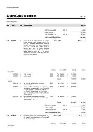 Polideportivo Sescelades 
JUSTIFICACIÓN DE PRECIOS Pág.: 49 
PARTIDAS DE OBRA 
GASTOS AUXILIARES 2,50 % 0,23390 
COSTE DIRECTO 997,71990 
GASTOS INDIRECTOS 5,00 % 49,88600 
COSTE EJECUCIÓN MATERIAL 1.047,60590 
P-66 EB12P050 m Barana de 110 cm d'alçària, formada per passamà 
rodó de diàmetre 40 mm, muntants de perfil T 70-8 
d'acer, d'1,3 m d'alçària, separats 1,5 m, bastidor de 
perfil L 35-2,5 mm amb perfil quadrat 20x20x2 mm 
d'acer com a suport de plafó, i plafóns de 100 cm 
d'alçària, amb placa de resines sintètiques 
termoenduribles reforçada amb fibres de cel·lulosa i 
cantells bisellats, de 8 mm i de 3 a 4 m2 ancorada 
amb platines arrodonides de 100x150x5 mm i tacs 
químics amb visos metàl·lics 
Rend.: 1,000 171,27 € 
Unidades Precio EURO Parcial Importe 
Mano de obra 
A012F000 h Oficial 1a manyà 0,500 /R x 23,39000 = 11,69500 
A013F000 h Ajudant manyà 0,200 /R x 20,52000 = 4,10400 
Subtotal: 15,79900 15,79900 
Materiales 
B0A63H00 u Tac químic de diàmetre 12 mm, amb cargol, 
volandera i femella 
4,000 x 3,97000 = 15,88000 
BB12IV02 m Barana de 110 cm d'alçària, formada per passamà 
rodó D 40 mm, muntants de perfil T 70-8 d'acer, d'1,3 
m d'alçària, separts 1,5 m, bastidor de perfil L 35-2,5 
mm amb perfil quadrat 20x20x2 mm d'acer com a 
suport de vidre, amb platines d'ancoratge arrodonides 
de 100x150x5 mm 
1,000 x 58,70000 = 58,70000 
B0CV4508 m2 Placa de resines sintètiques termoenduribles 
reforçada amb fibres de cel·lulosa i cantells bisellats, 
de 8 mm i de 3 a 4 m2 
1,050 x 68,90000 = 72,34500 
Subtotal: 146,92500 146,92500 
GASTOS AUXILIARES 2,50 % 0,39498 
COSTE DIRECTO 163,11898 
GASTOS INDIRECTOS 5,00 % 8,15595 
COSTE EJECUCIÓN MATERIAL 171,27492 
P-67 EB14U004 m Passamà de planxa d'acer galvanitzat plegada, d'1,4 
mm de gruix, i desenvolupament 20 cm, col·locat amb 
tacs d'expansió i cargols 
Rend.: 1,000 16,35 € 
Unidades Precio EURO Parcial Importe 
Mano de obra 
 