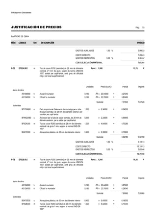 Polideportivo Sescelades 
JUSTIFICACIÓN DE PRECIOS Pág.: 53 
PARTIDAS DE OBRA 
GASTOS AUXILIARES 1,50 % 0,06633 
COSTE DIRECTO 7,28843 
GASTOS INDIRECTOS 5,00 % 0,36442 
COSTE EJECUCIÓN MATERIAL 7,65285 
P-75 EF52A3B2 m Tub de coure R250 (semidur) de 28 mm de diàmetre 
nominal, d'1 mm de gruix, segons la norma UNE-EN 
1057, soldat per capil·laritat, amb grau de dificultat 
mitjà i col·locat superficialment 
Rend.: 1,000 13,76 € 
Unidades Precio EURO Parcial Importe 
Mano de obra 
A013M000 h Ajudant muntador 0,160 /R x 20,44000 = 3,27040 
A012M000 h Oficial 1a muntador 0,160 /R x 23,78000 = 3,80480 
Subtotal: 7,07520 7,07520 
Materiales 
BFY52AB0 u Part proporcional d'elements de muntatge per a tubs 
de coure semidur, de 28 mm de diàmetre exterior, per 
a soldar per capil·laritat 
1,000 x 0,34000 = 0,34000 
BFW52AB0 u Accessori per a tubs de coure semidur, de 28 mm de 
diàmetre exterior, per a soldar per capil·laritat 
0,300 x 2,33000 = 0,69900 
BF52A300 m Tub de coure R250 (semidur) de 28 mm de diàmetre 
nominal i de gruix 1 mm, segons la norma UNE-EN 
1057 
1,020 x 4,64000 = 4,73280 
B0A75C00 u Abraçadora plàstica, de 28 mm de diàmetre interior 0,400 x 0,39000 = 0,15600 
Subtotal: 5,92780 5,92780 
GASTOS AUXILIARES 1,50 % 0,10613 
COSTE DIRECTO 13,10913 
GASTOS INDIRECTOS 5,00 % 0,65546 
COSTE EJECUCIÓN MATERIAL 13,76458 
P-76 EF52B3B2 m Tub de coure R250 (semidur) de 35 mm de diàmetre 
nominal, d'1 mm de gruix, segons la norma UNE-EN 
1057, soldat per capil·laritat, amb grau de dificultat 
mitjà i col·locat superficialment 
Rend.: 1,000 16,56 € 
Unidades Precio EURO Parcial Importe 
Mano de obra 
A013M000 h Ajudant muntador 0,180 /R x 20,44000 = 3,67920 
A012M000 h Oficial 1a muntador 0,180 /R x 23,78000 = 4,28040 
Subtotal: 7,95960 7,95960 
Materiales 
B0A75E00 u Abraçadora plàstica, de 32 mm de diàmetre interior 0,400 x 0,45000 = 0,18000 
BF52B300 m Tub de coure R250 (semidur) de 35 mm de diàmetre 
nominal i de gruix 1 mm, segons la norma UNE-EN 
1057 
1,020 x 6,02000 = 6,14040 
 